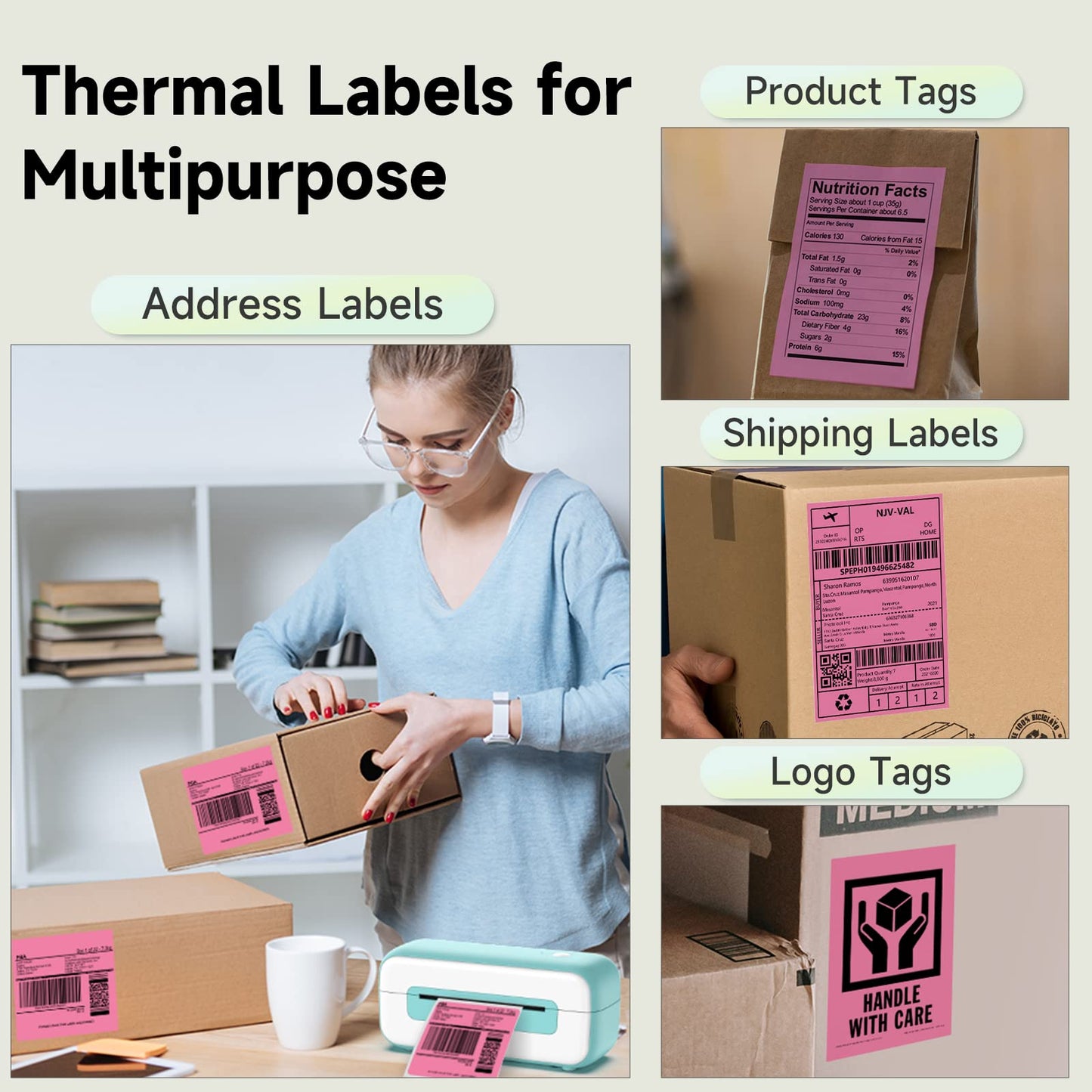 Phomemo 4x6 Thermal Direct Shipping Label Rose- 4''x 6'' Fan-Fold Labels-for Shipping Labels, Product Logo Labels, 500pcs
