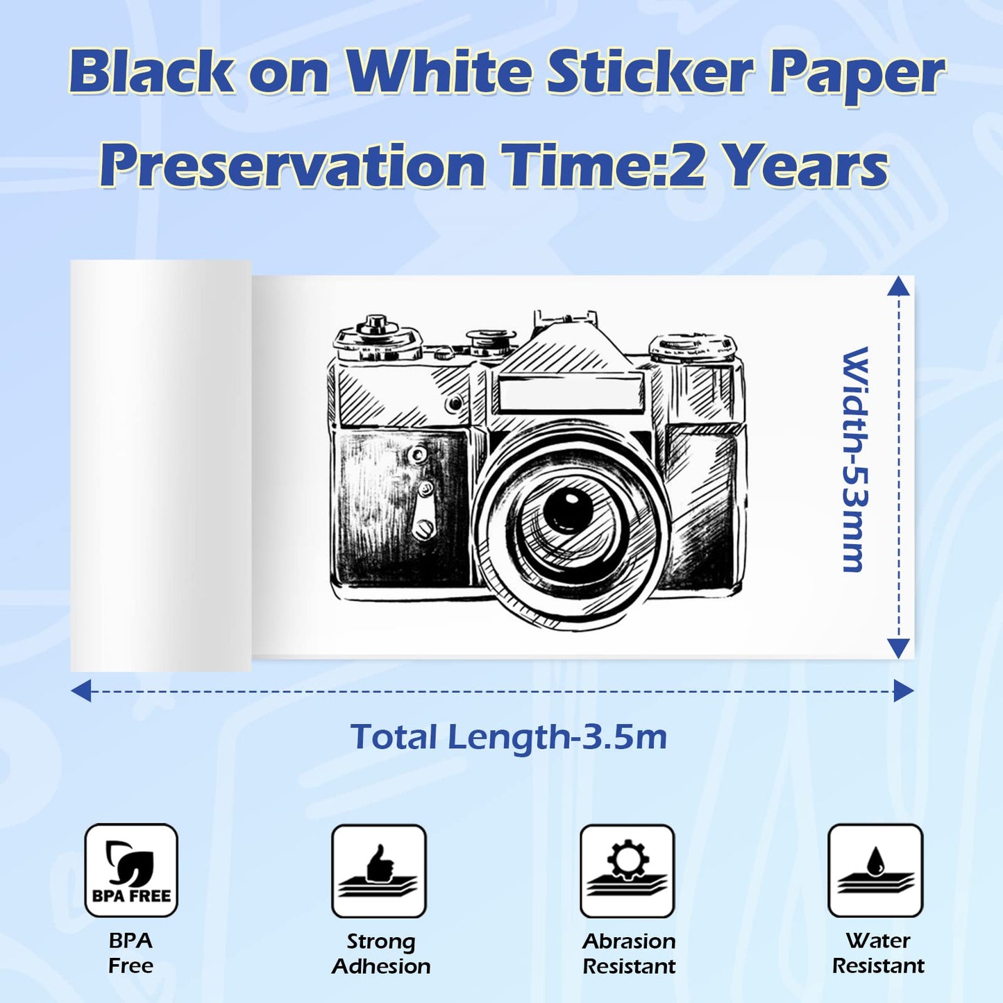 Phomemo T02/M02X/M02L Papier autocollant - 3 rouleaux de papier autocollant pour imprimante thermique, 53 mm x 3,5 m, conservation 2 ans, noir sur blanc pour imprimante de poche Phomemo T02/M02X/M02L
