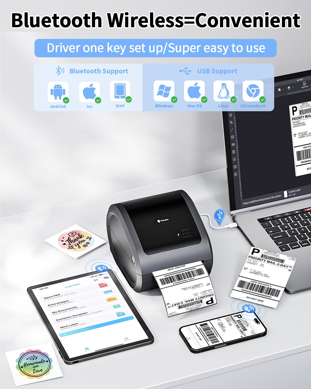 Phomemo Bluetooth Etikettendrucker, DHL Label Printer 4x6 Ettikettendruc?er Labeldrucker Versandetiketten Druckerf¨¹r Versandpakete Kompatibel mit Ebay, Amazon, Etsy,Ups, Wish, Shopify, Zalando, Otto