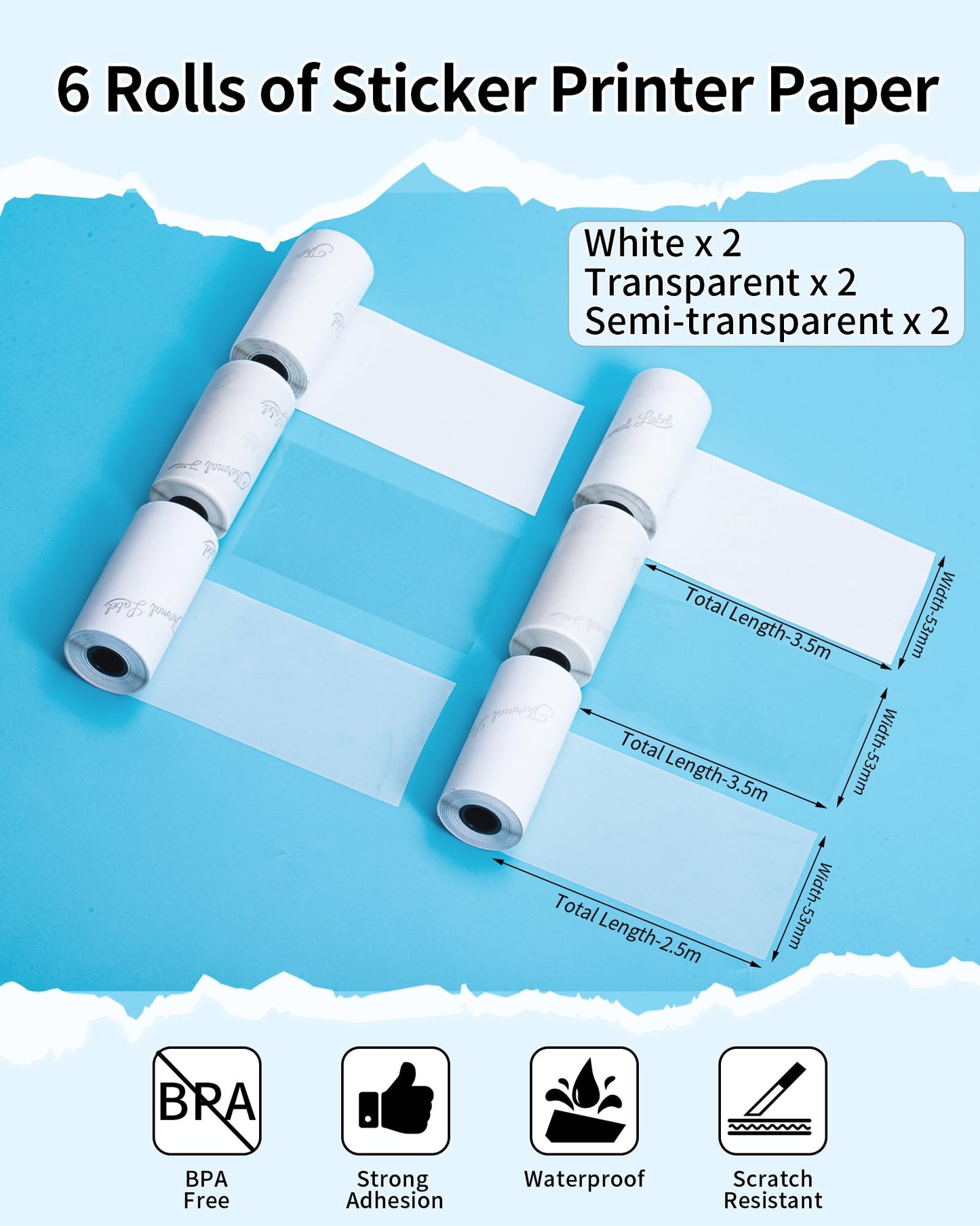 Phomemo 53mm Papier f¨¹r M02,M02S,M02PRO,M03,M03AS,M04S,M04AS - 6 Rollen, 2 x Wei?es Papier, 2 x Transparentes Papier, 2 x Halbtransparent, Schwarzer Druck
