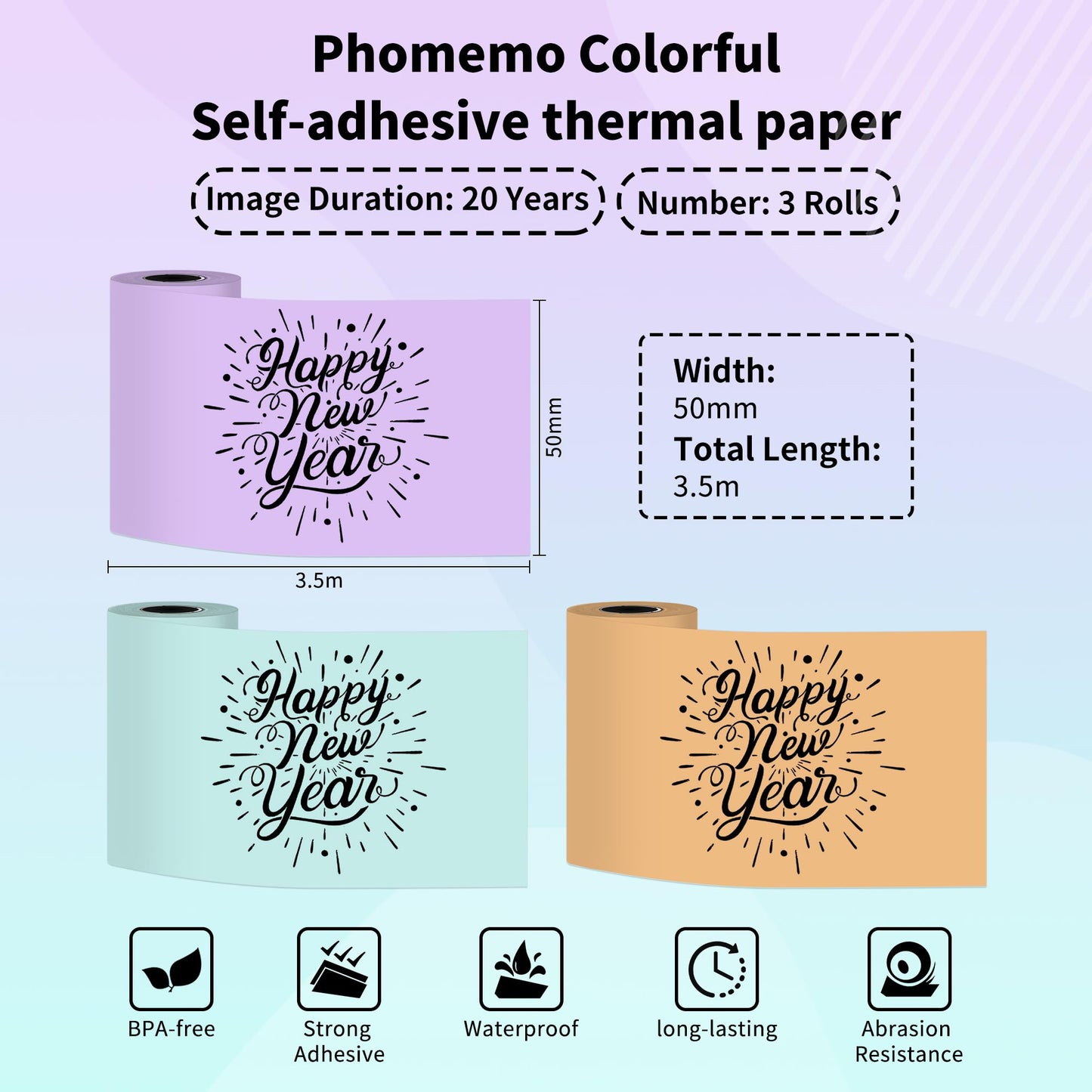 Phomemo Mint Green/Lavender Purple/Light Orange Adhesive Thermal Sticker Paper, Color Printer Paper Compatible with Phomemo M832/T02/M02 Thermal Printer, 50mm x 3.5m, Storage Time 20 Years, 3 Rolls