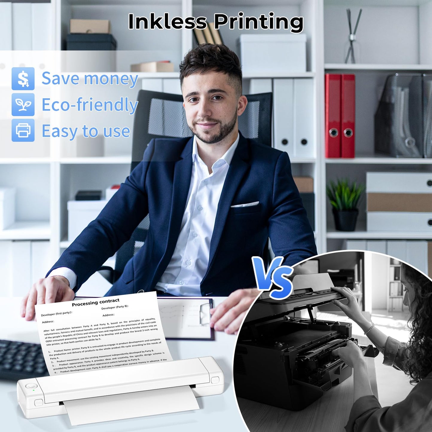 Phomemo Portable Thermal Printer - M08F Bluetooth Inkless Printer Support 8.5'' X 11'' Thermal Paper, Compact Travel Printer Compatible with iPhone, Android & Laptop, Mobile Printer for Study, Work