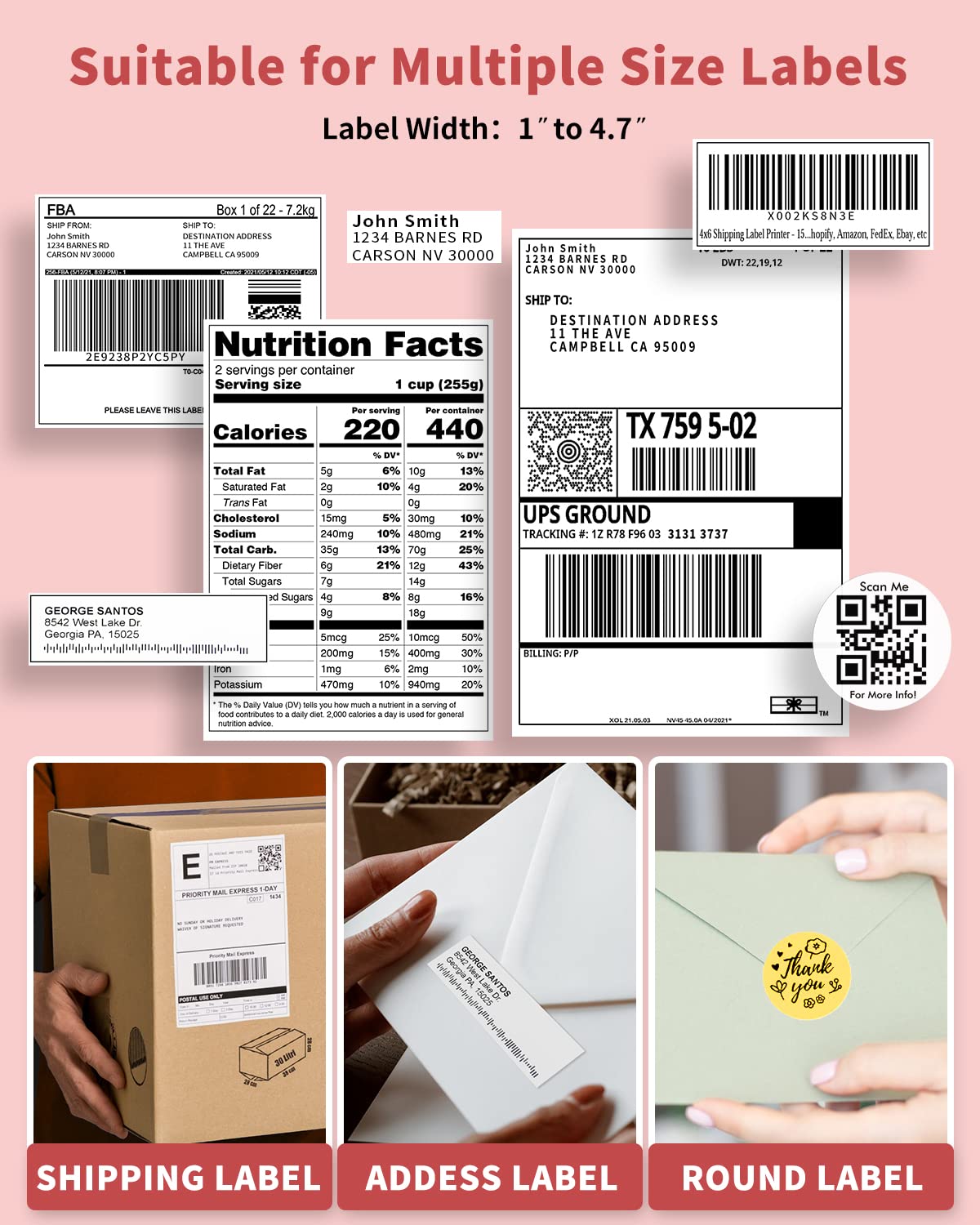 Pink Thermal Label Printer 4x6, Shipping Label Printer for Small Busines, Compatible with Amazon, Ebay, Shopify, Etsy, UPS, FedEx, DHL, etc