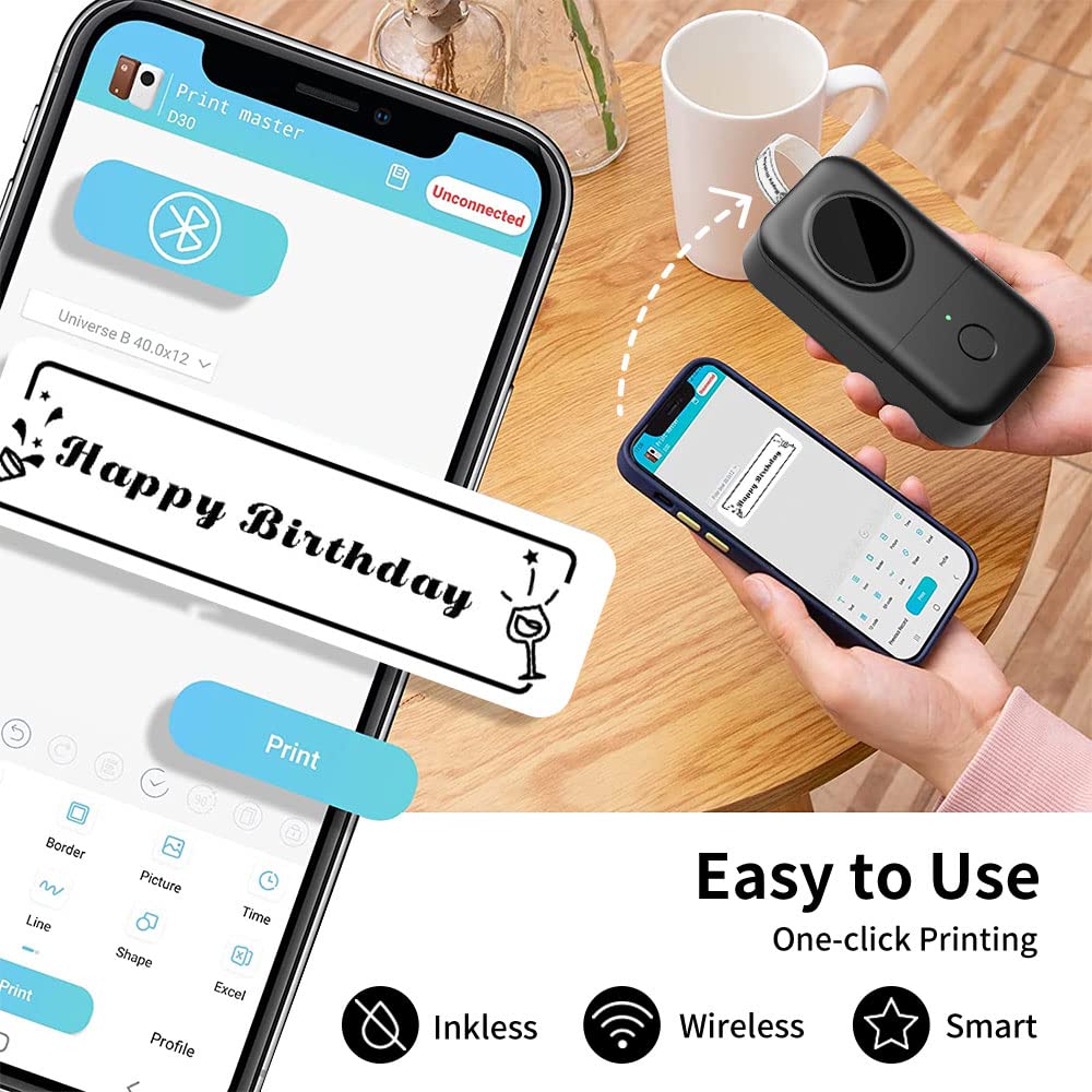 Phomemo D30 Etikettendrucker, Bluetooth Selbstklebendes Etikettierger?t Tragbarer Beschriftungsger?t Selbstklebend Labeldrucker, Wiederaufladbar Ohne Tinte Mini Label Printer F¨¹r Zuhause, B¨¹ro, Schule