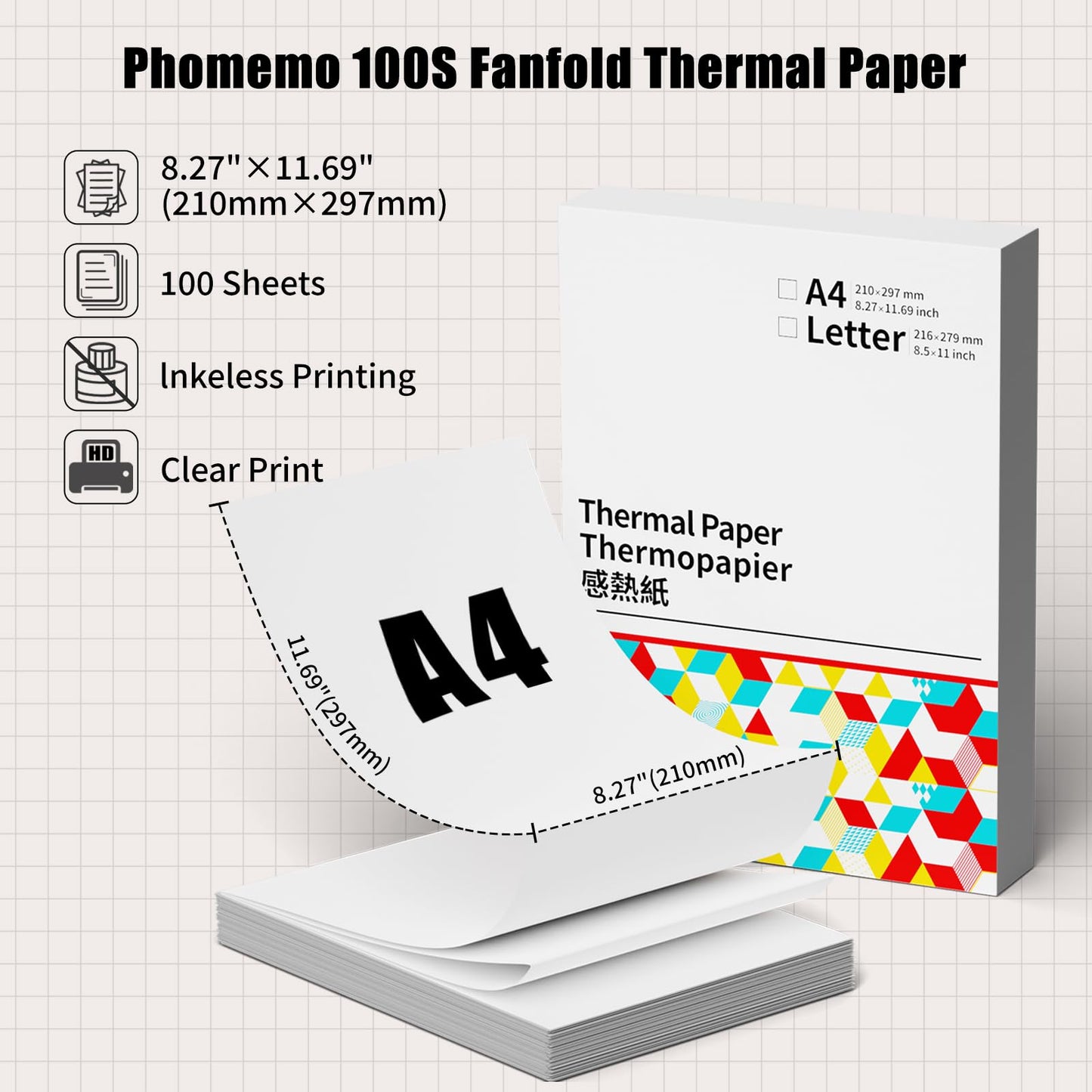 Phomemo A4 Thermal Paper, M832 Thermal Printer Folding Paper, Compatible with M08F-Letter M832 M833 M834 M835 HRPT MT800 Thermal Paper, 8.27''¡Á11.69'' Size, 100 Sheets