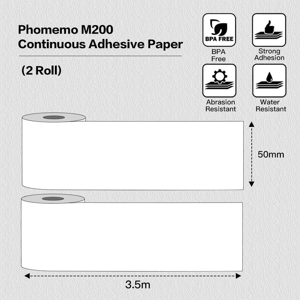 Phomemo 2 Roll hei?es kontinuierliches Etikett,Selbstklebendes Endlosetikett, 50 mm * 3,5 m, kompatibel mit dem Etikettendrucker Phommeo M200, 3.5 m/Rolle,2 Rollen£¨Thermal Kontinuierliches Etikett£©