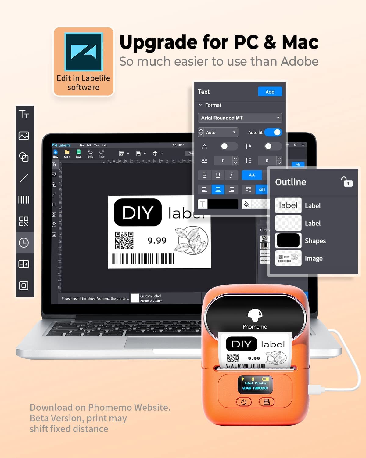 Phomemo M110 Impresora de Etiquetas,Juego de 3 Rollos de Etiquetas,Etiquetadora Autoadhesiva para Teléfono y PC,Impresora de Etiquetas Bluetooth,para el Hogar,La Oficina y la Pequeña Empresa(Naranja