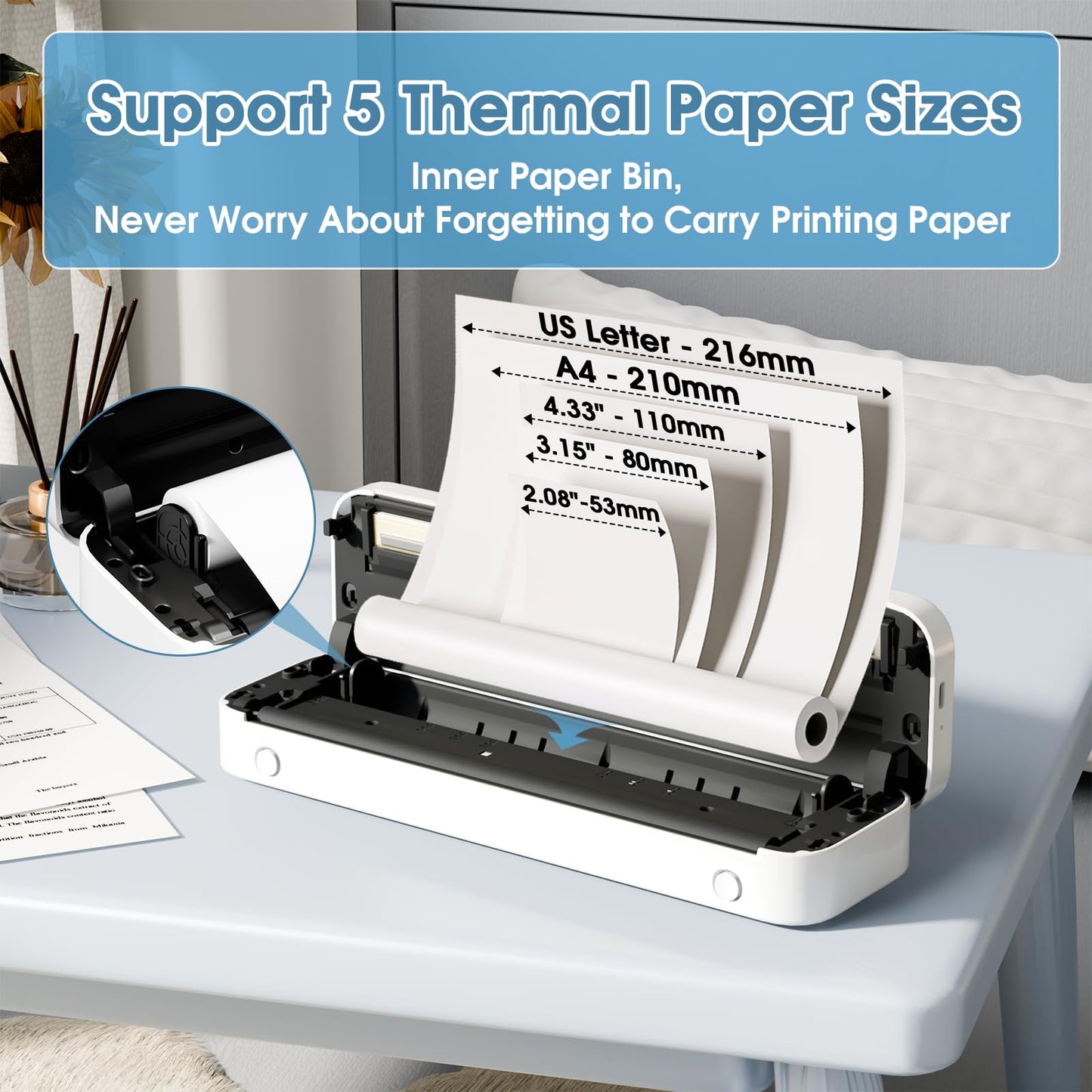 Phomemo Portable Thermal Printer, M832 Wireless Bluetooth Printer, Inkless Printer for Phone Laptop, Support 8.5'' X 11''/A4/2.08''/3.15''/4.33'' Thermal Paper, Small Travel Printer for Car Office Home