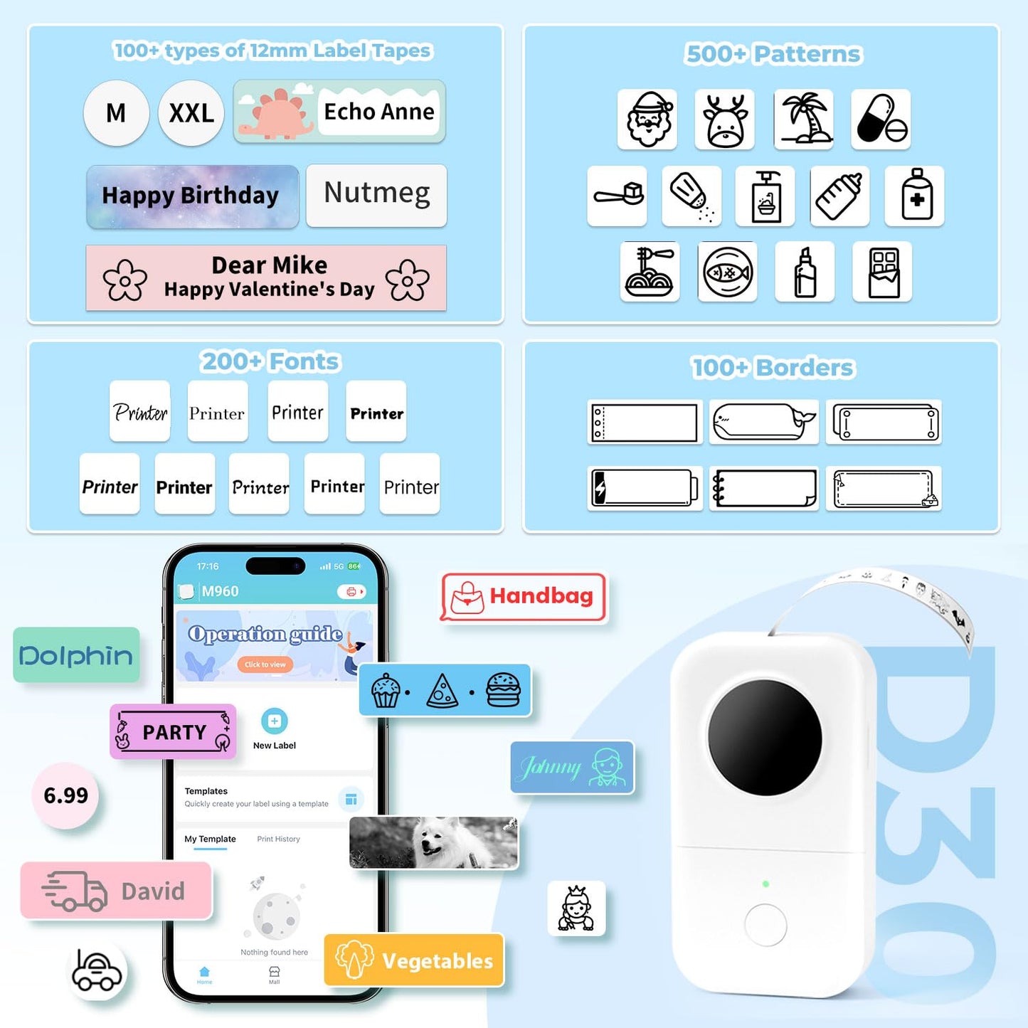 Phomemo D30 Label Maker Machine with 3 Rolls Label,Thermal Bluetooth Mini Label Maker,Wireless Smart Label Printer Handheld, For Home,Office,School, Compatible with Android and iOS- White