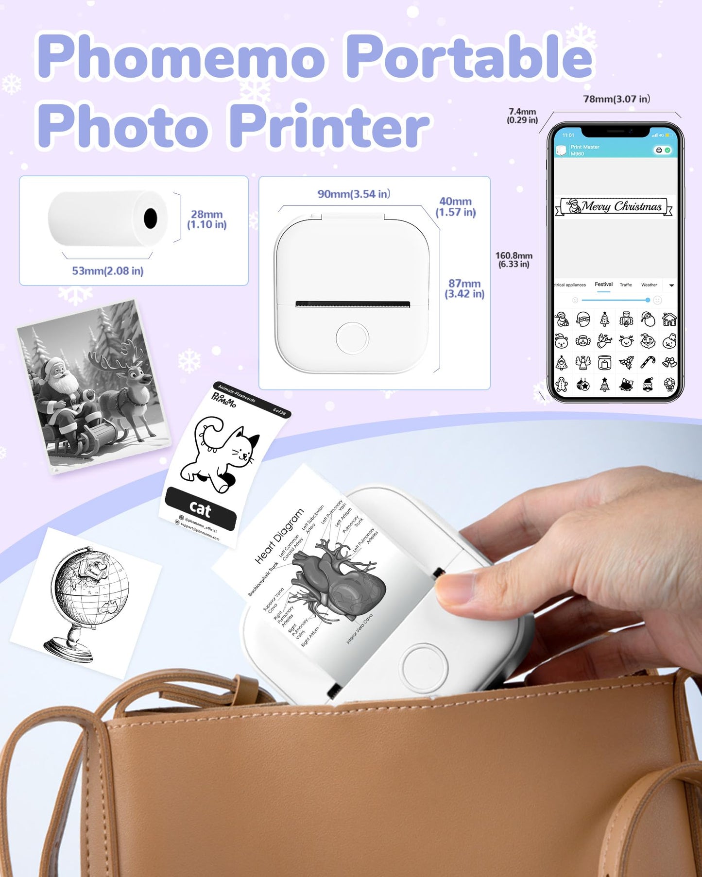 Phomemo Mini Thermal Printer,T02 Portable Printer,Wireless Photo Sticker Printers for Phone,Small Inkless Bluetooth Printer,Pocket Phone Printer Black and White Printing,Sticker Maker for Kids Study