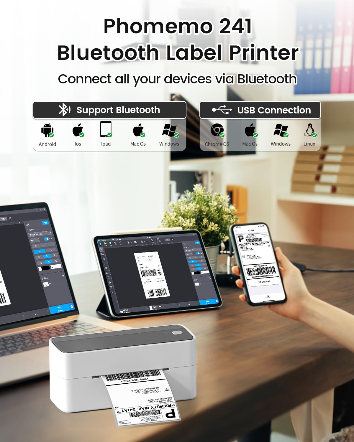 Phomemo Bluetooth Thermal Label Printer 4x6, Wireless Shipping Label Printer Machine for Shipping Packages, Address, Small Business, Compatible with Royal Mail, eBay, Esty, Shopify, Amazon