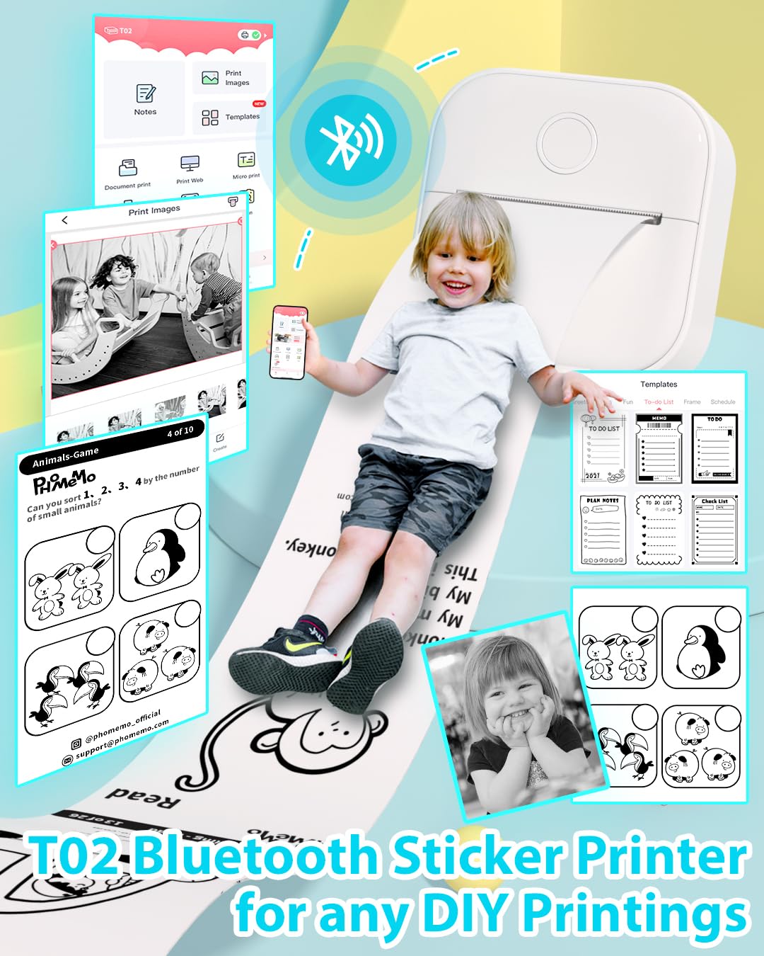 Phomemo T02 Sticker Printer- Inkeless Printer Mini Printer Sticker Maker Bluetooth Thermal Pocket Printer for Study Notes, Stickers, Photos, DIY Printing, with 3 Rolls Paper, White