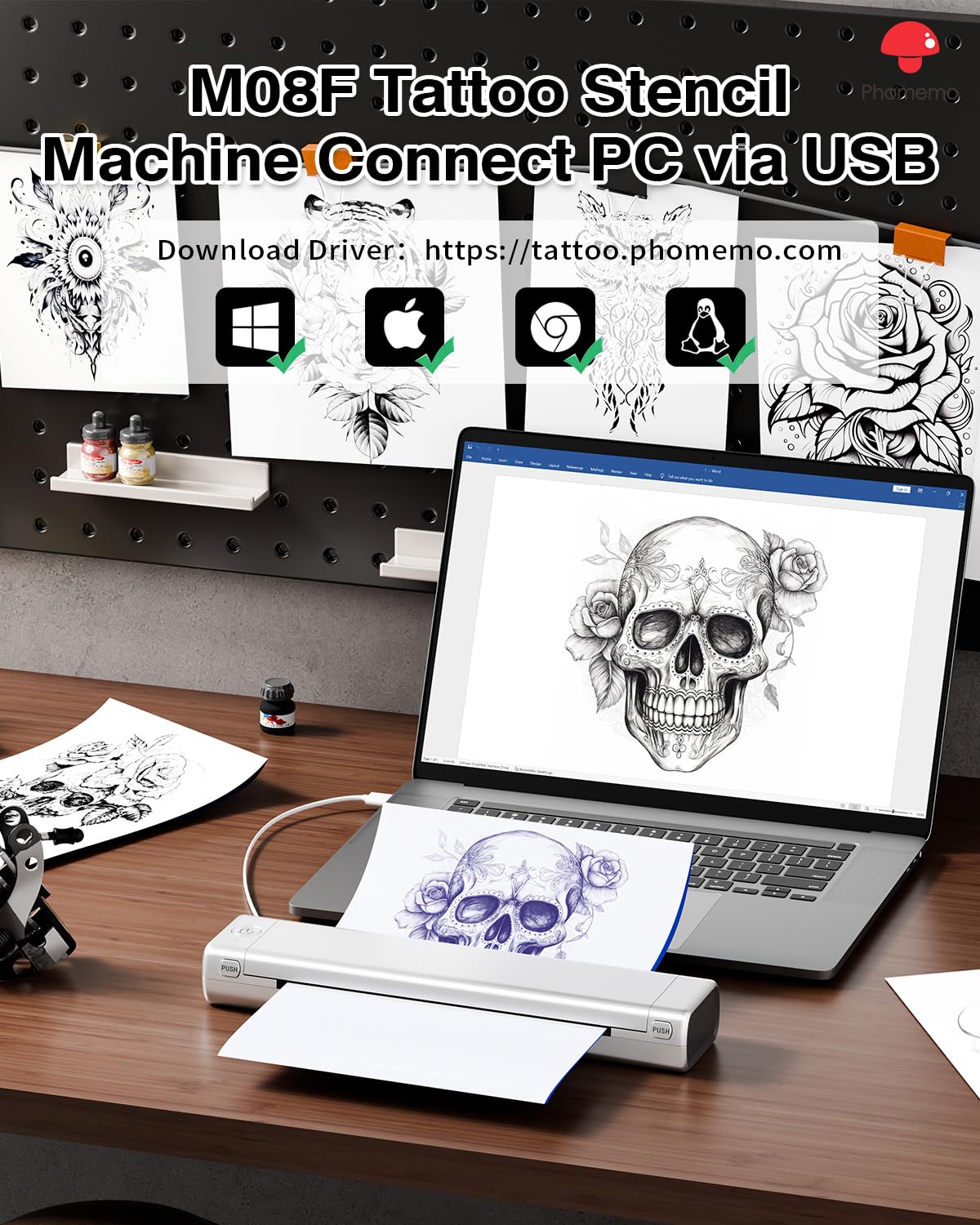 Phomemo Tattoo Stencil Printer with Case, Bluetooth Tattoo Printer with 10 Pcs Tattoo Transfer Paper, Wireless Tattoo Machine for Tattoo Artists & Beginners, Compatible with Phone, iPad & PC, Sliver