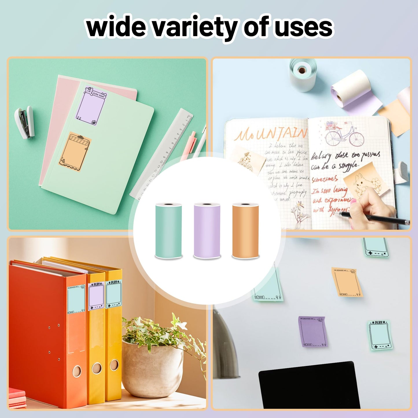 Phomemo Adhesive Thermal Sticker Paper for M832/M03/M03AS/M04S/M04AS Wireless Pocket Printer, Black on Green/Purple/Orange Paper, 3.03''(77mm) Width X 3.5m Length, 3 Rolls, Stored for 20 Years