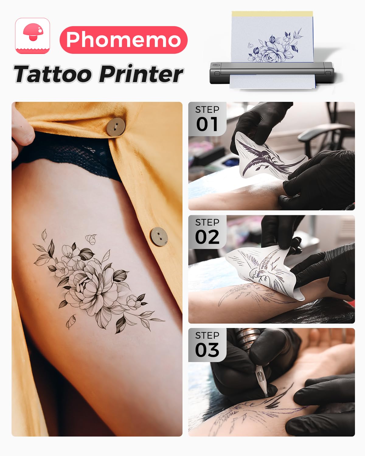 Phomemo Bluetooth Tattoo Stencil Printer, Thermal Tattoo Transfer Machine for Tattoo Artists, Compatible with Phone & PC, with Storage Case & 10Pcs Free Tattoo Transfer Paper, Grey