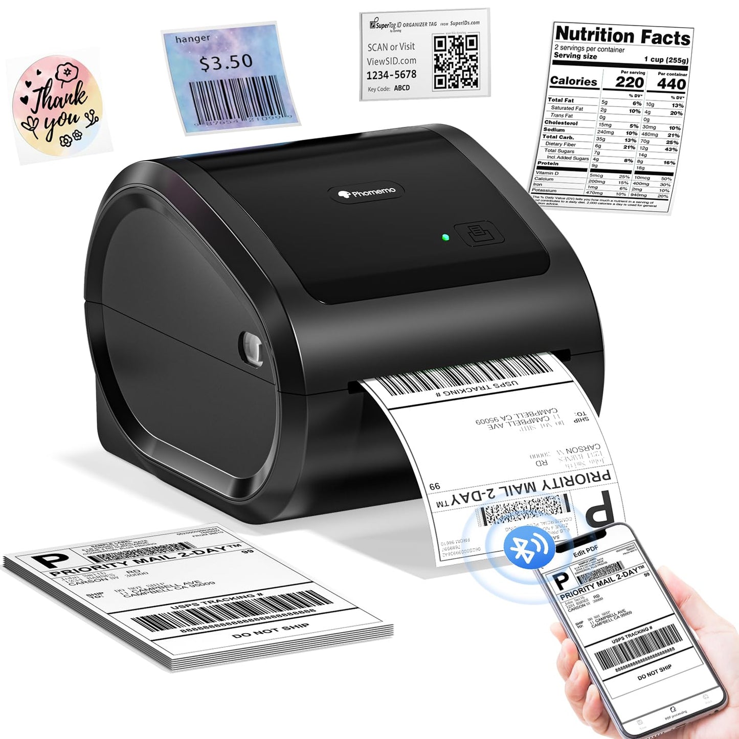Phomemo Stampante Etichette Adesive Bluetooth, 4 x 6 D520BT Stampante Termica Stampante Etichette per Mac/PC, Compatibile con Ebay, DHL, Amazon, Etsy, DPD, Ups, Wish, Shopify, Zalando, Otto