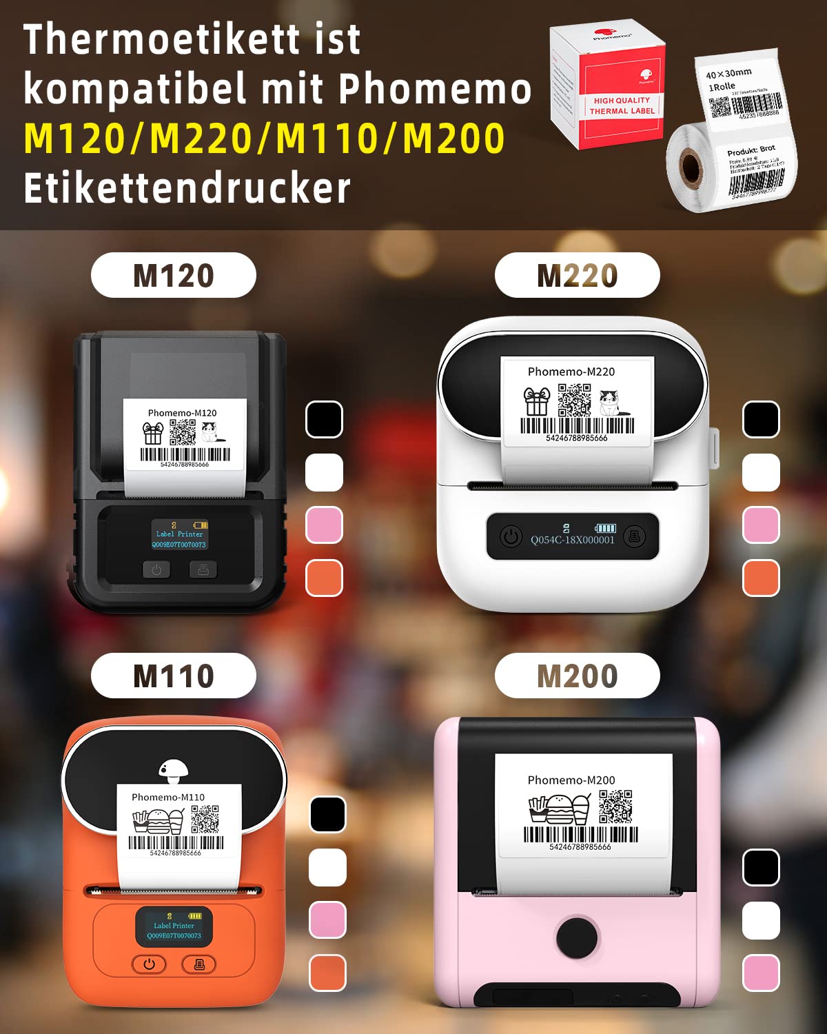 Phomemo Printer labels for M120/M220/M110/M200, Square self-adhesive thermal paper multifunction labels, 40 x 30 mm (1.57 x 1.18 inch), 230 labels/roll
