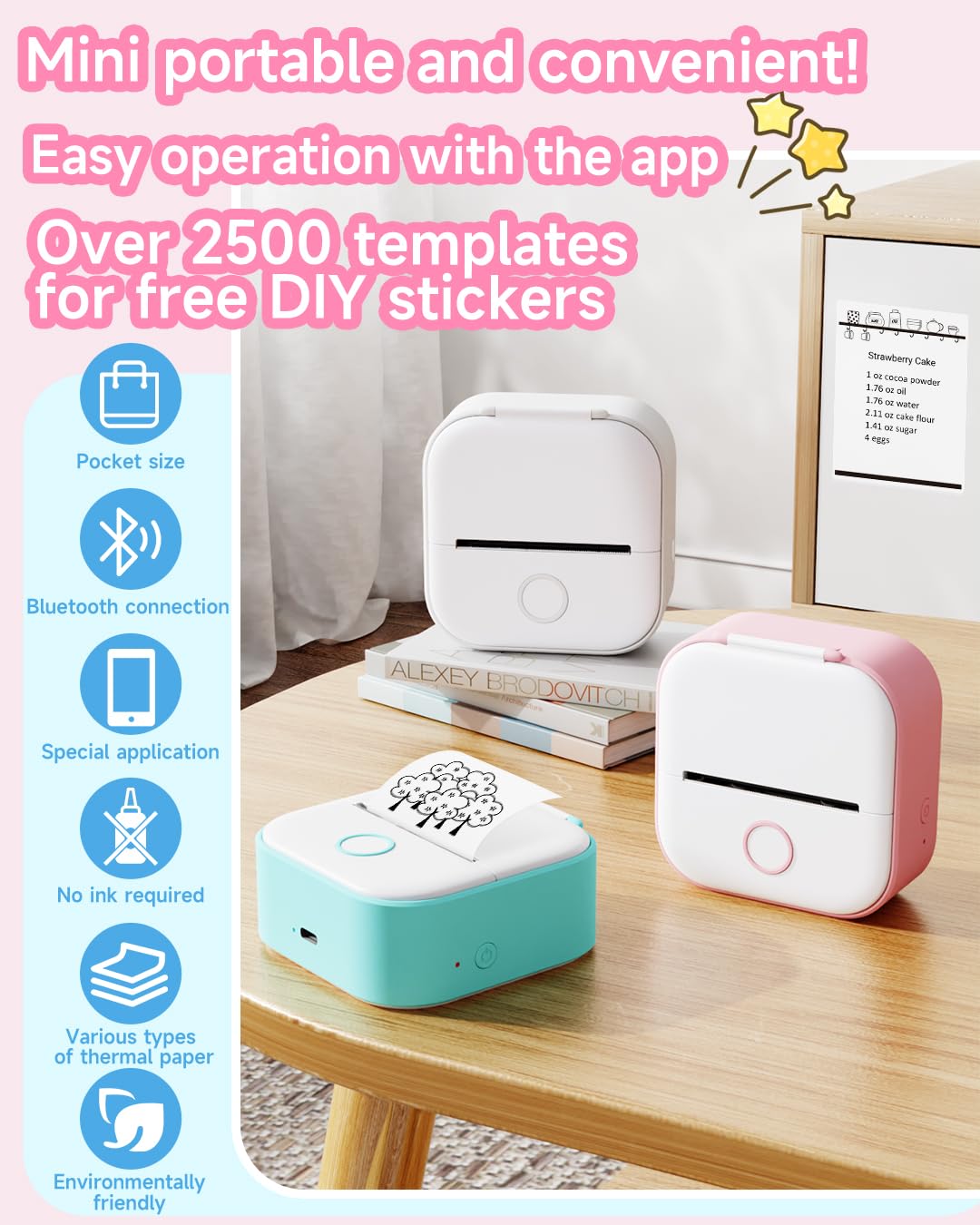 Phomemo Mini Sticker Printer - T02 Small Thermal Printer for Phone, Portable Wireless Printer for Children's Day Birthday, Compatible with iOS & Android, Pink