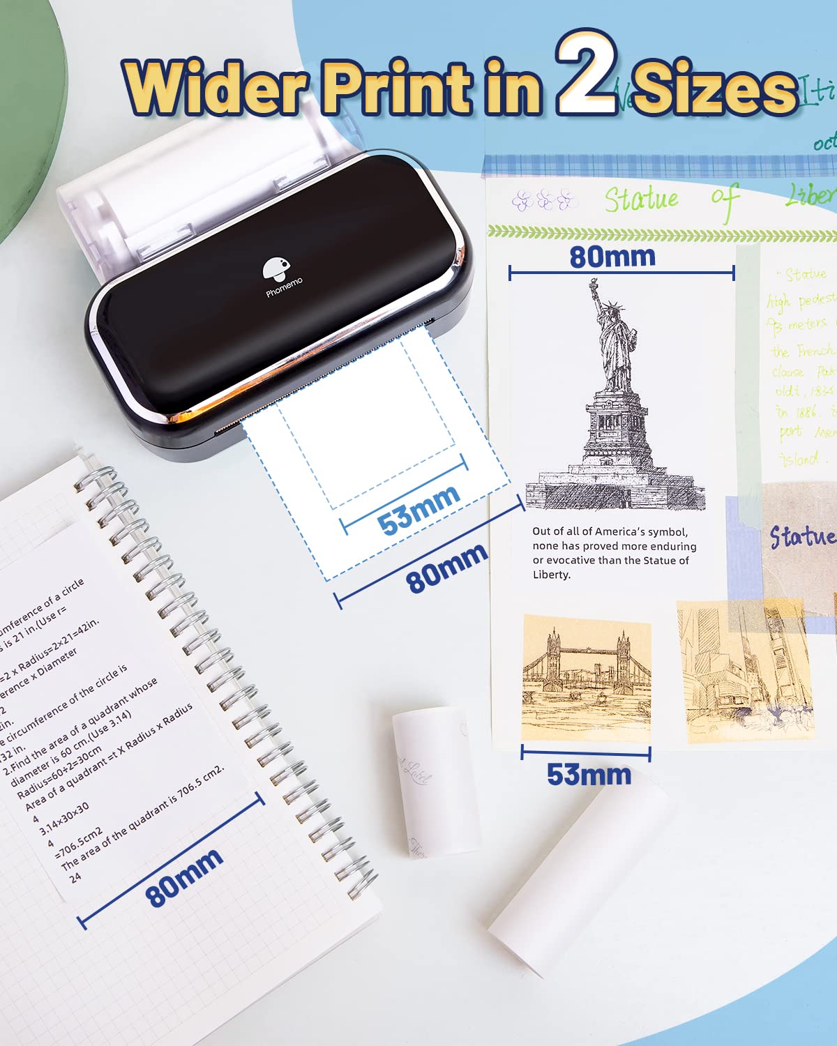 Phomemo M03 Mini Printer,3 inches Portable Thermal Printer Bluetooth Sticker Printer 53/80mm Printing Width,Compatible with iOS & Android,Ideal, Study Notes,Images,Scrapbooking-Black