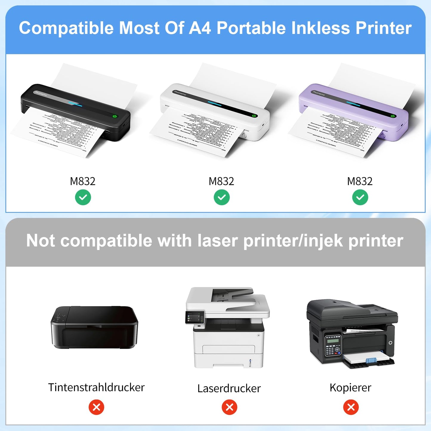 Phomemo A4 Quick-Dry Continuous Thermal Paper, 8.27''x11.69'' (210mm*297mm) Width, Black Text, 4 Rolls in Box. Compatible with Phomemo M08F/M832/M833 Portable A4 Printer. Storage for 10 Years.