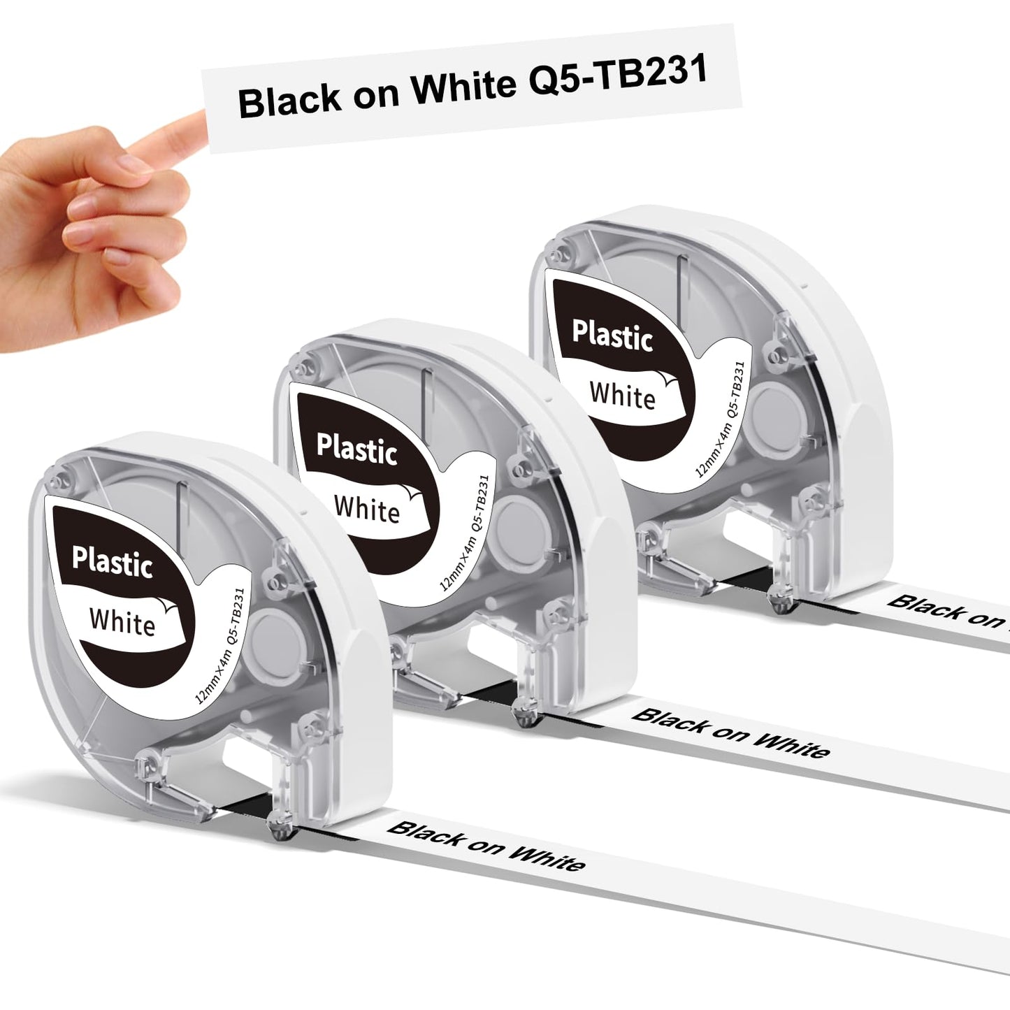3x Phomemo P12&P12-Pro Etikettenband Original 12mm x 4m Schwarz auf Weiß Q5-TB231 Wasserfestes Kunststoff Selbstklebendes Etikettenband für Phomemo P12&P12-Pro Etikettendrucker