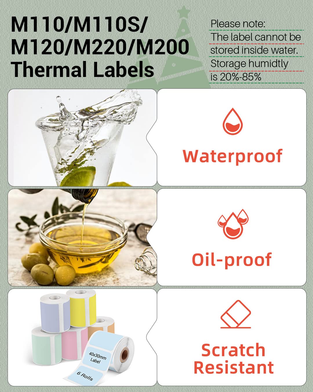 Phomemo 3 Rolle multifunktionaler selbstklebender Adressetiketten, 40 x 30 mm, f¨¹r Phomemo M110 M200 M120 M220 M221 EtikettenDrucker, Rolle mit 230 Etiketten, Farbe hellrosa, hellblau, khaki