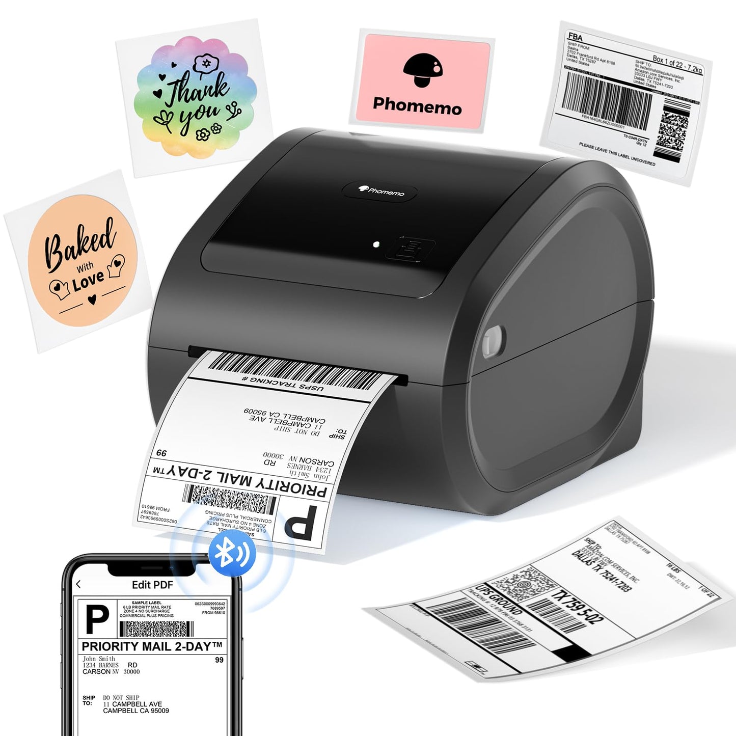 Phomemo Bluetooth Thermo-Etikettendrucker,D520BT USB Versand-Etikettendrucker 4x6,Kabelloser Thermodrucker für Pakete,Porto,Adresse,Logo,Kompatibel mit Ebay,Etsy,Amazon,Shopify,etc(All-Black