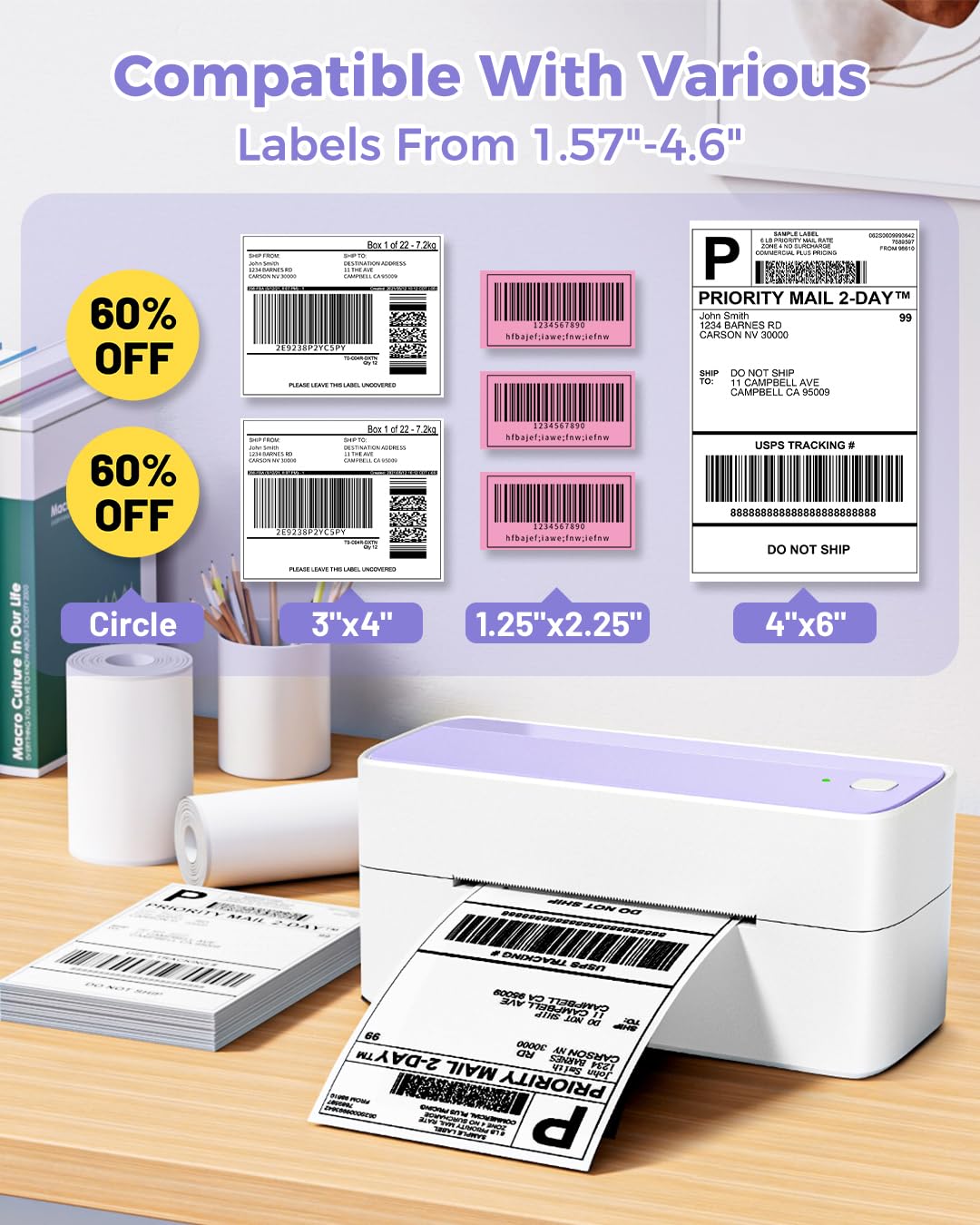 Phomemo Thermal Label Printer for Packages - 4x6 Shipping Label Printer for Small Business - Barcode Label Printer Address Label Printer for Phone&PAD&PC, Purple