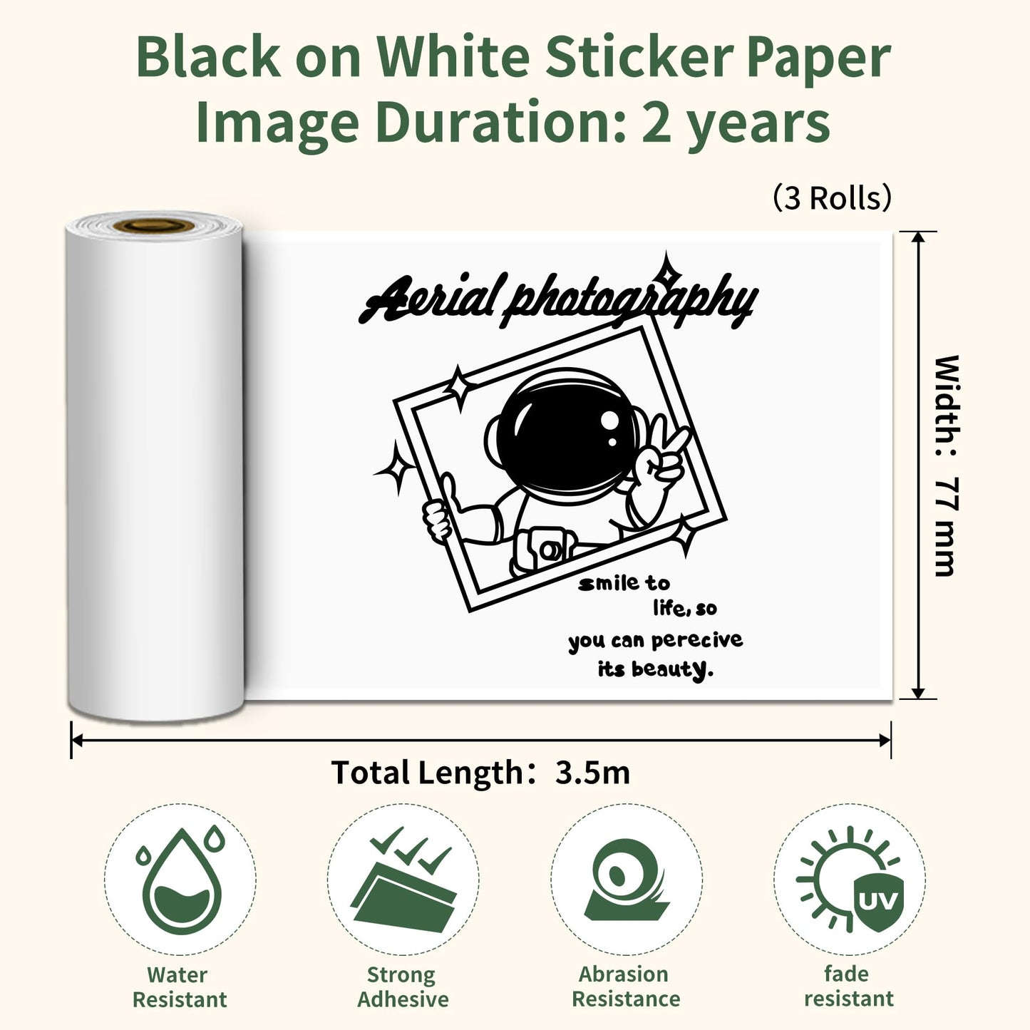 3 Rolls Phomemo 3.03''(77mm) Width Adhesive Thermal Paper Printer Paper, Compatible with Phomemo M832/M03/M03AS/M04S/M04AS Sticky Note Printer, Black on White, Storage for 2 Years