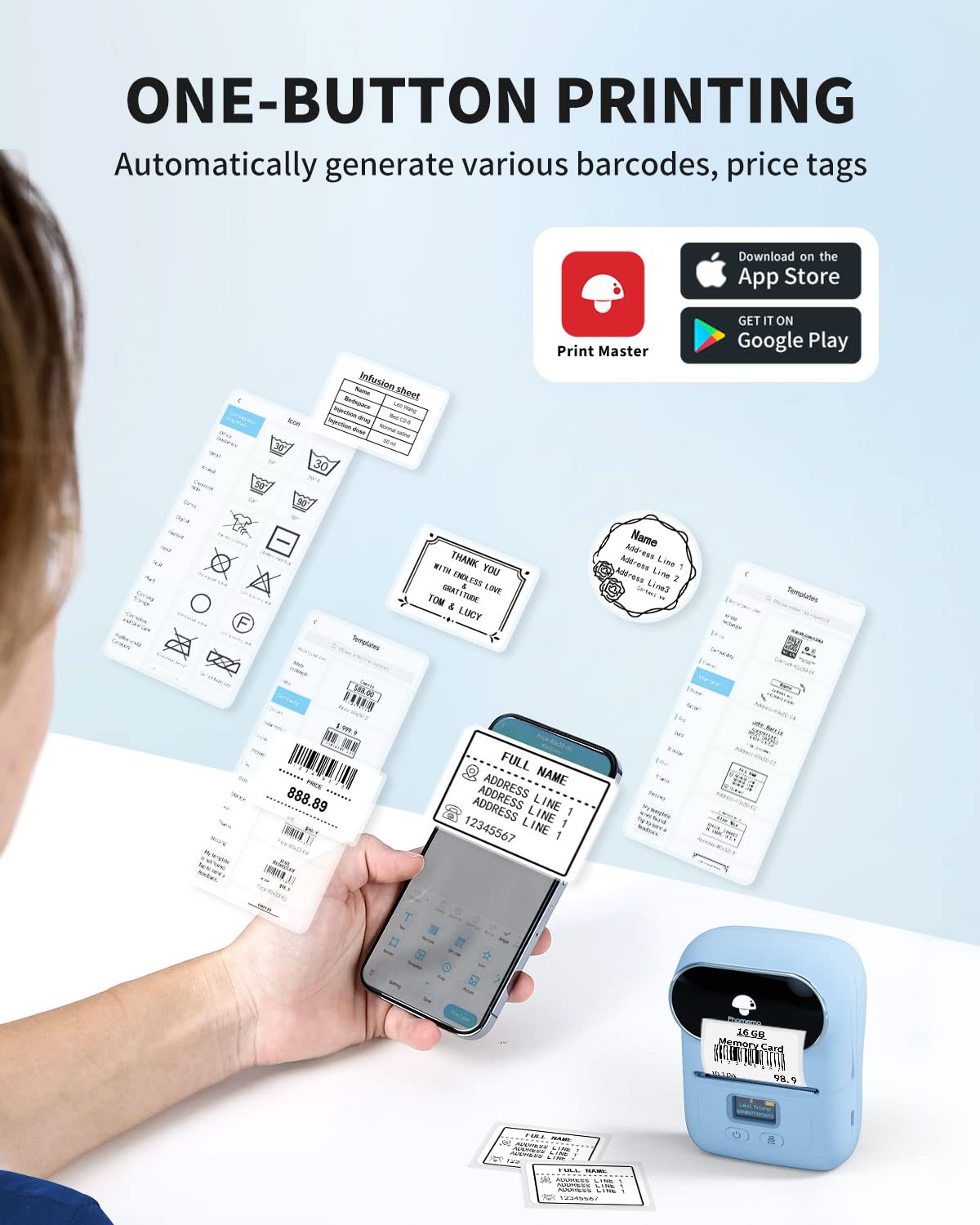 Label Maker Machine with Tape, Label Maker Phomemo M110, Bluetooth Label Printer for Small Business with Multiple Fonts Icons, Inkless Label Maker Small Printer for Office, with 1 Roll 40x30mm Label