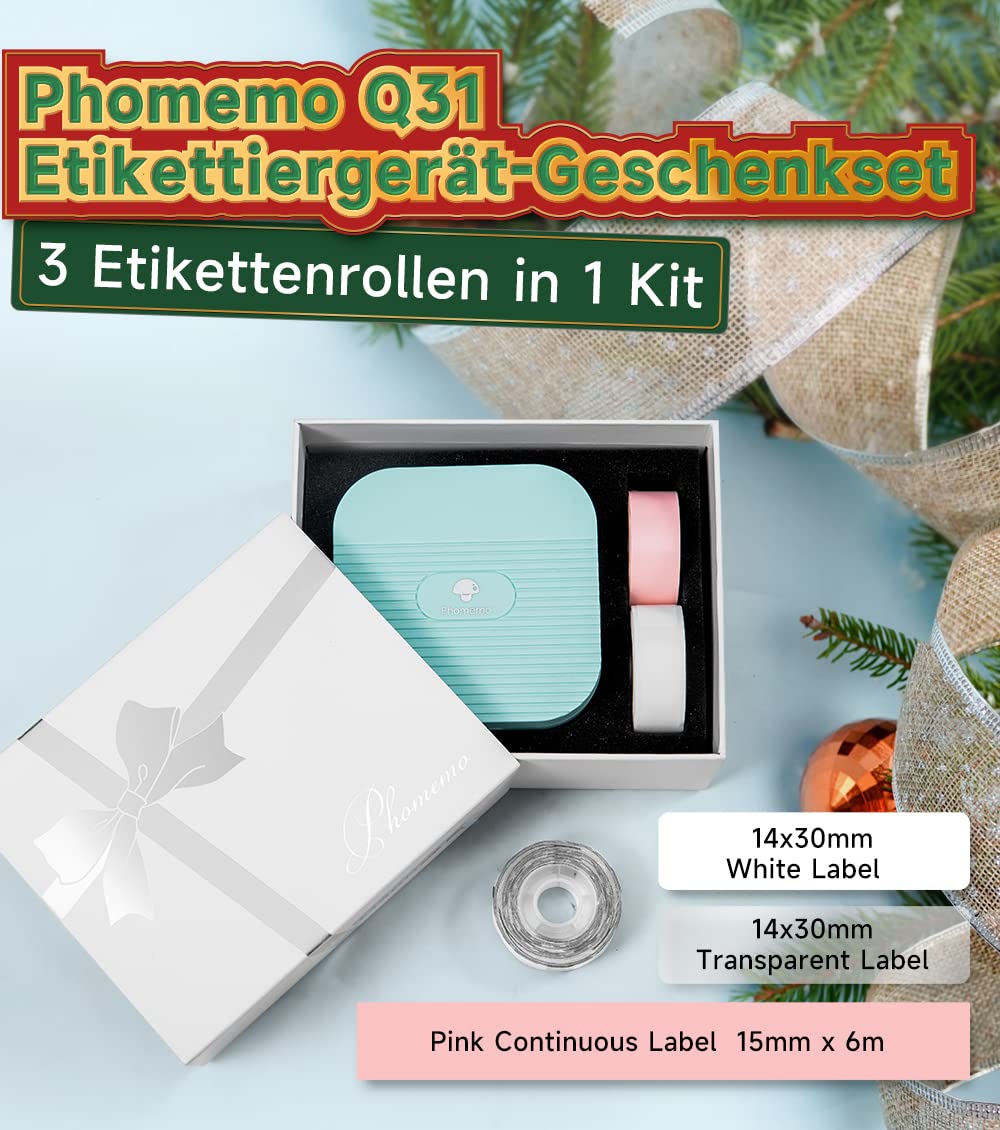 Phomemo Set regalo stampante di etichette Bluetooth Q31, mini etichettatrice per iOS e Android, etichettatrice autoadesiva per casa e ufficio con 3 rotoli di etichette (verde)