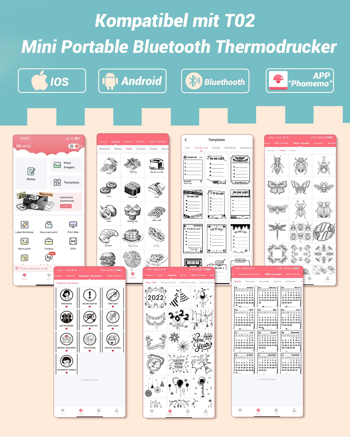 Papier für Sticker Drucker, Drucker Papier für Taschendrucker, Thermopapier für T02, Langlebig Klebrig Phomemo Papier, Schwarz auf Transparent Liene Fotodrucker Papier, 3 Rollen 50mm*3.5m