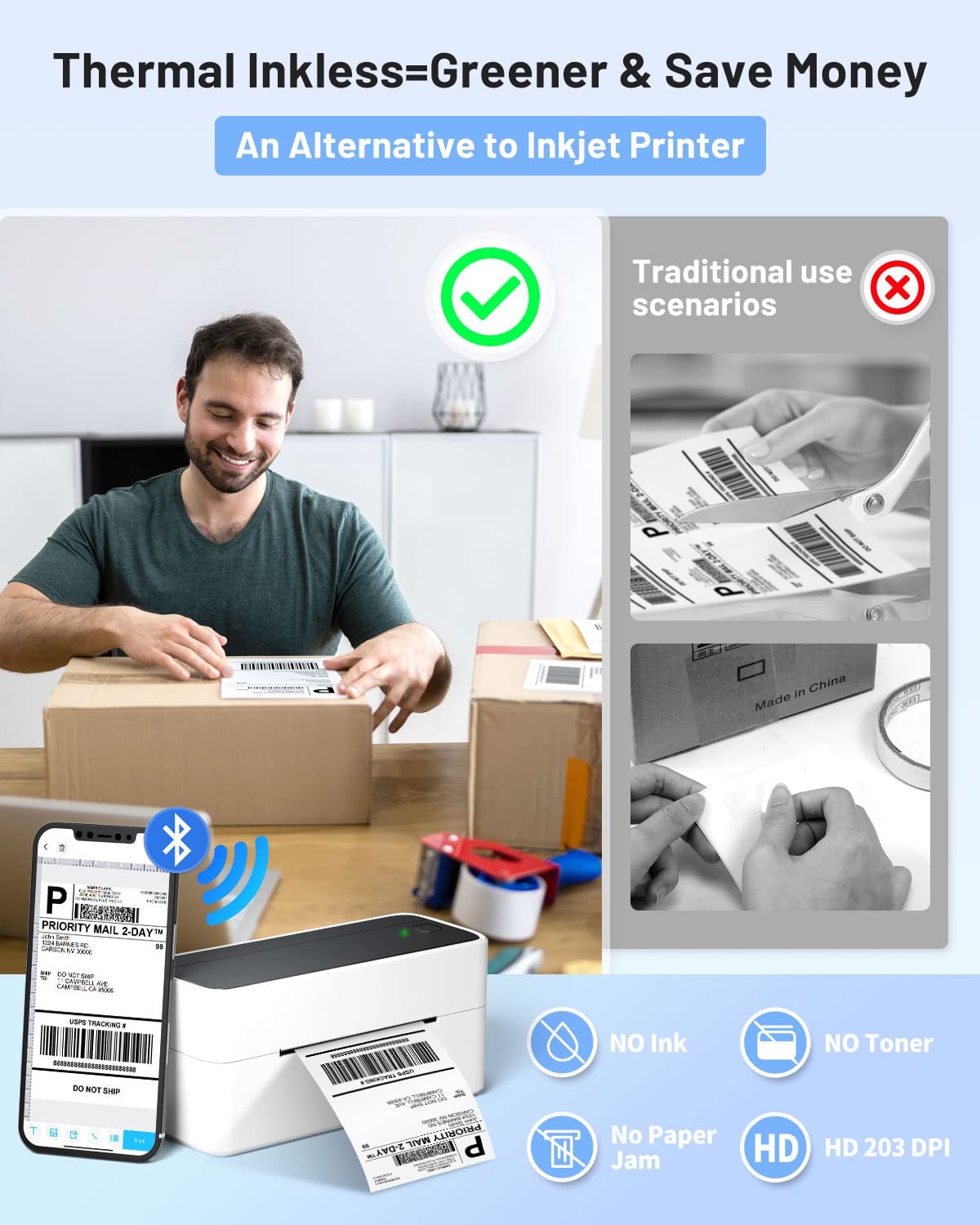Phomemo Bluetooth Thermal Label Printer for Shipping - Wireless Compatible with iOS&Android&PAD&PC, Widely Used Ebay, Shopify, TikTok, Etsy, USPS, FedEx, DHL, Black-White (241-BT)