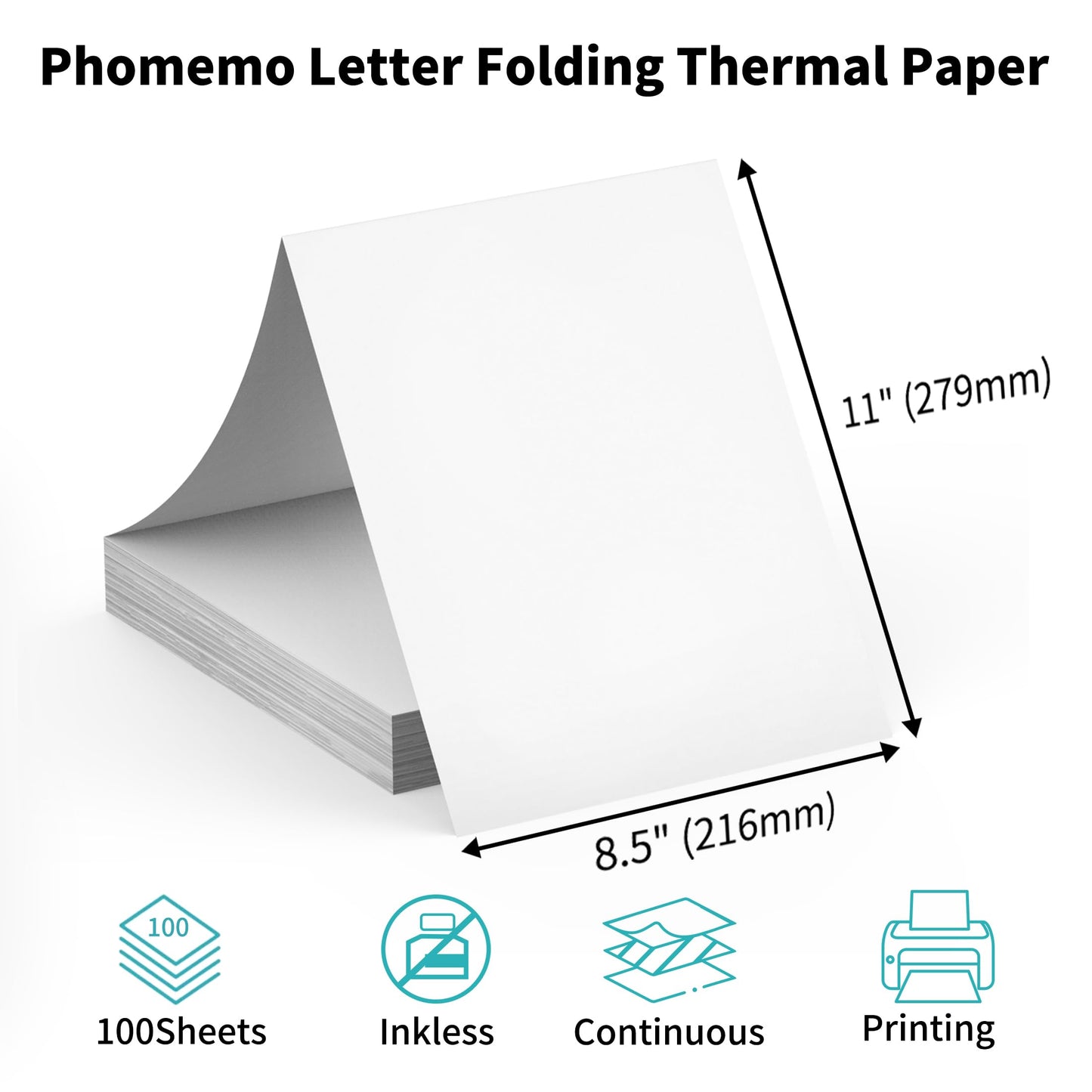 100 Sheets Phomemo M832 Portable Printer Thermal Paper, 8.5'' x 11'' US Letter Size Thermal Paper Fold, Smoothing Thermal Print Paper Compatible with M08F M832 M834 Portable Printer