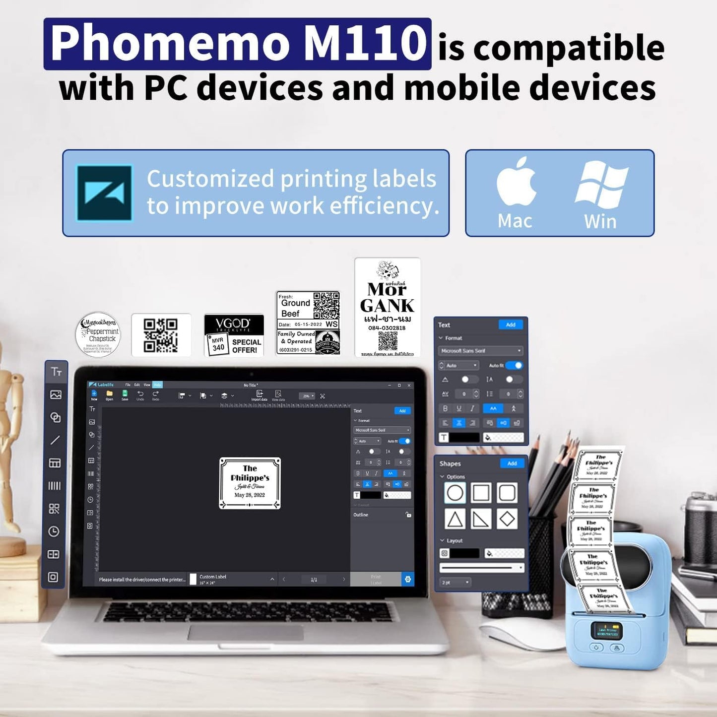 Phomemo Barcode Label Printer- M110 Label Maker Portable Bluetooth Label Maker Machine for Small Business, Barcode, Address, Logo, Clothing, Jerwery, Compatible with iOS & Android