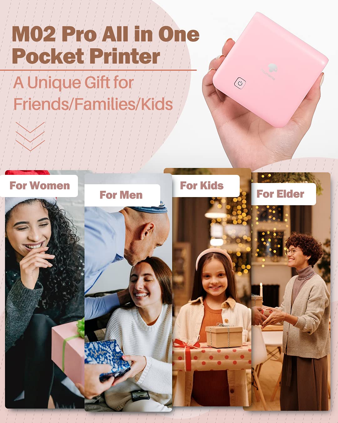 Phomemo Sticker Printer- M02 Pro 300dpi Mini Printer Pocket Phone Printer Mini Photo Printer Thermal Printer for Study Notes, Organization, Art Creation, Gift, Pink
