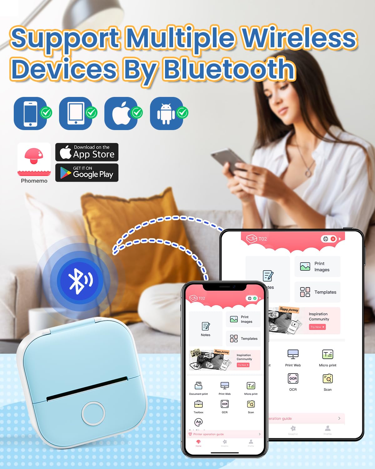 Phomemo Mini Sticker Printer - T02 Mini Thermal Printer, Inkless Sticker Printer with 3 Paper Rolls, Bluetooth Small Printer for Journal, Photos, Notes - Blue