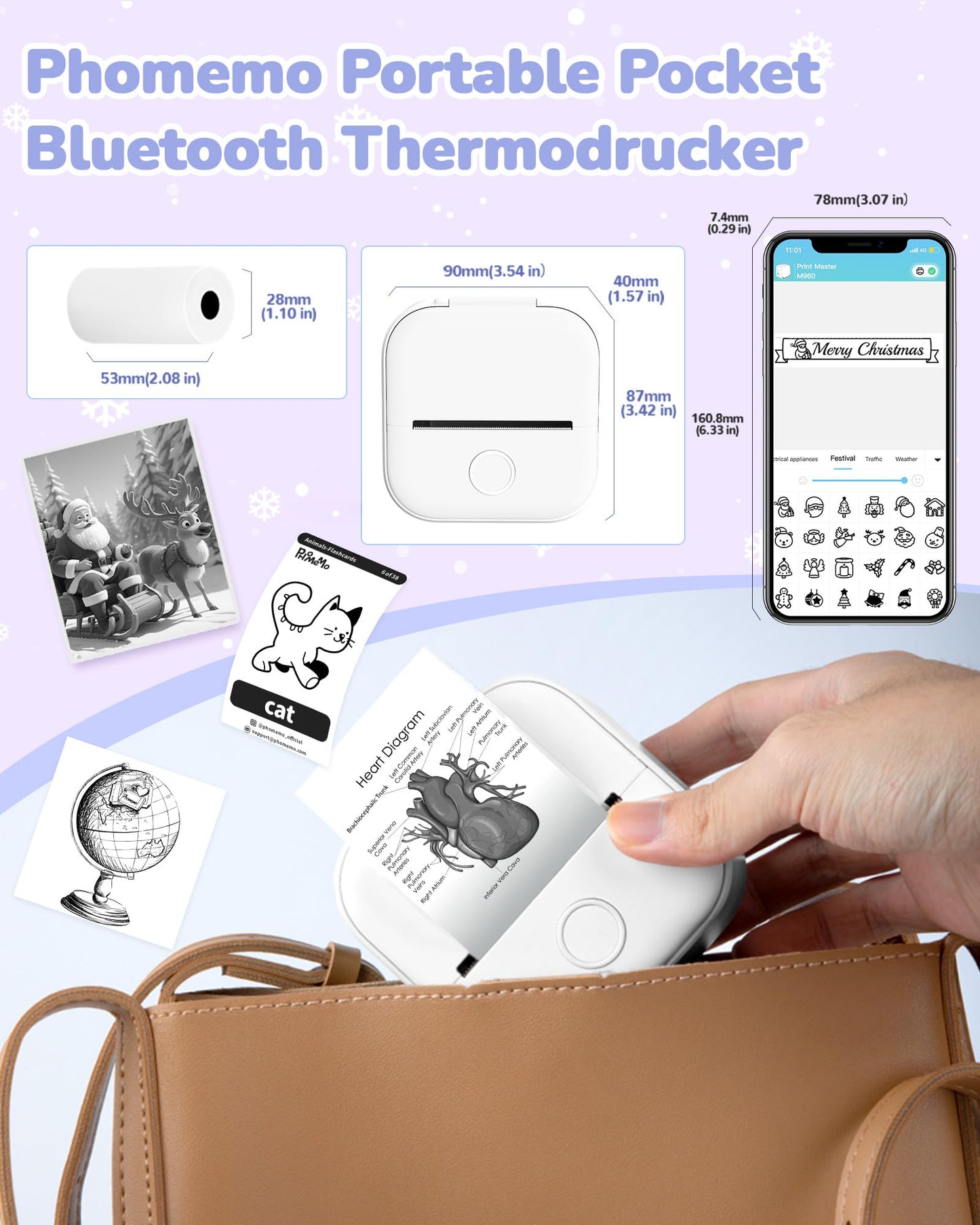 Phomemo Mini yazıcı, T02 cep telefonu fotoğraf yazıcısı, cep telefonu için, çıkartma, termal yazıcı, küçük, 50 - 53 mm siyah beyaz baskı, telefon ve tablet için, ofis, ev, okul odası için havalı küçük
