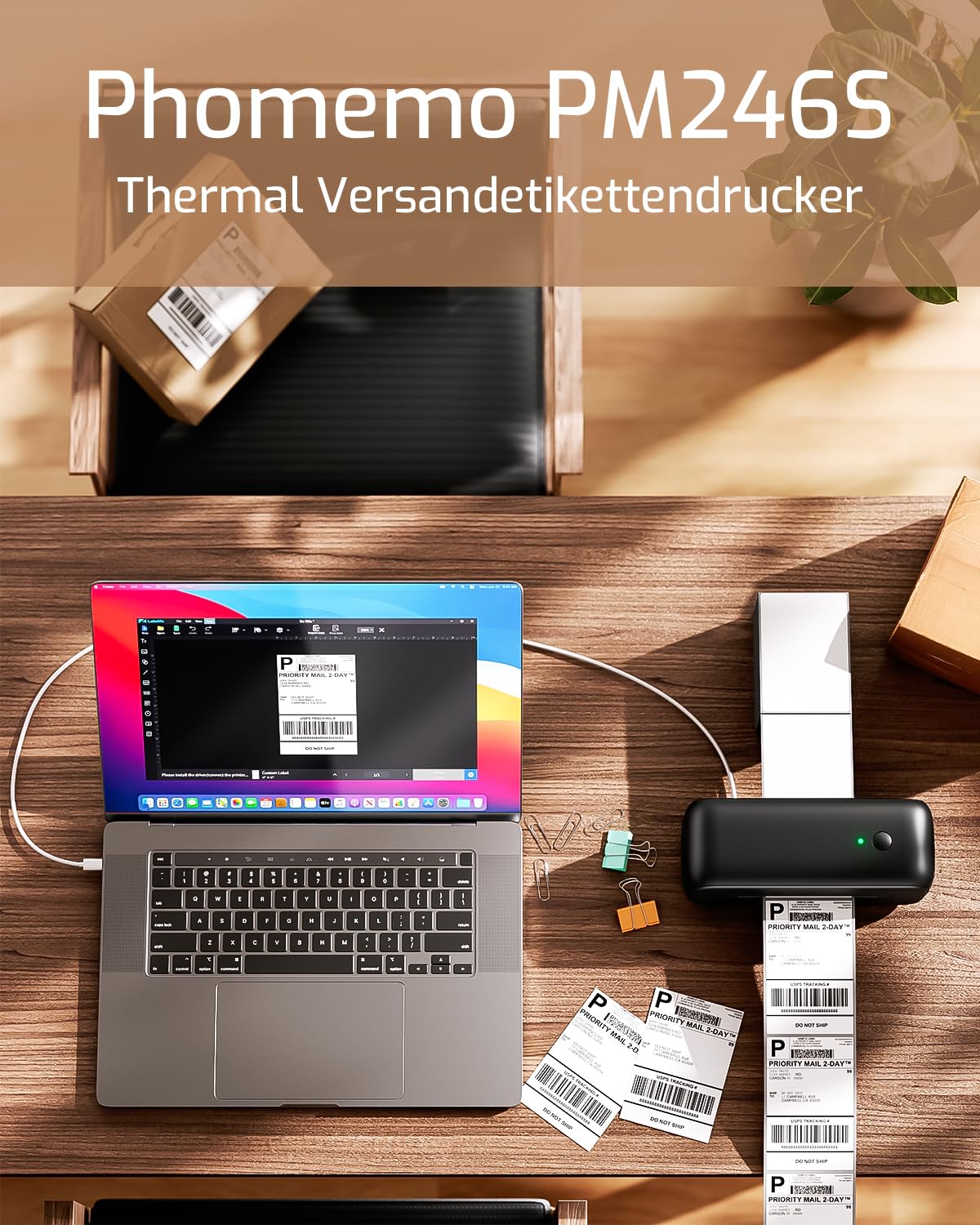 Phomemo Thermal Label Printer USB, Shipping Label Printer 4x6, PM246S Portadres Label Printer Voor Kleine Bedrijven, Compatibel Met Amazon, EBay, Shopify, Etsy, FedEx, UPS (Zwart)