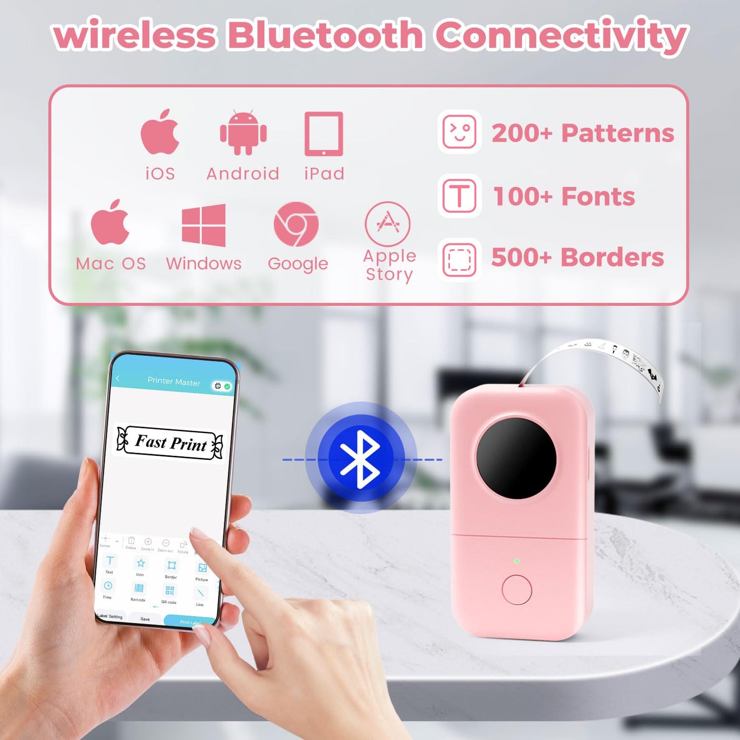 Phomemo D30 Label Maker Bluetooth Label Printer With 5 Rolls of Label Paper, Wireless Thermal Label maker For Home, Office, School, For Android & IOS Smart Devices - Pink