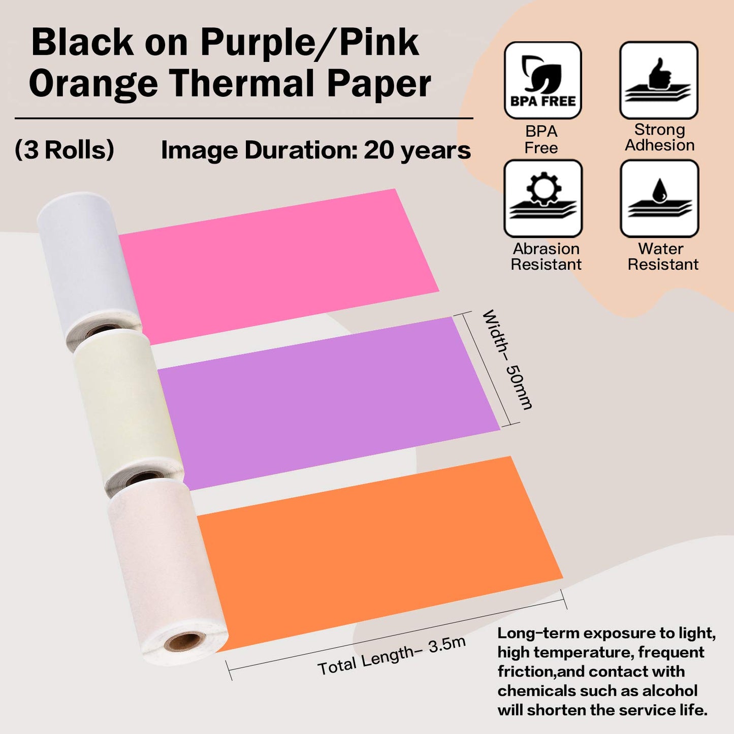 Phomemo Printer Paper - M02/M02Pro/M02S/M03/M03AS/M04S/M04AS Mini Sticker Printer Paper, Purple/Rose Red/Orange Mini Bluetooth Pinter Paper - 50mm x 3.5m Self-Adhesive Sticker Paper, 3 Rolls