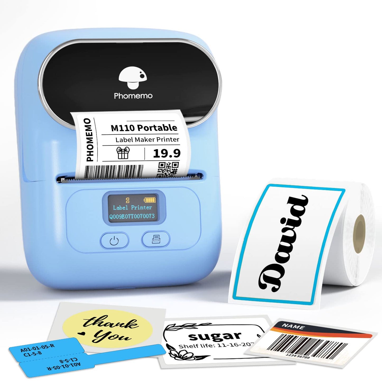 Label Maker Machine with Tape, Label Maker Phomemo M110, Bluetooth Label Printer for Small Business with Multiple Fonts Icons, Inkless Label Maker Small Printer for Office, with 1 Roll 40x30mm Label