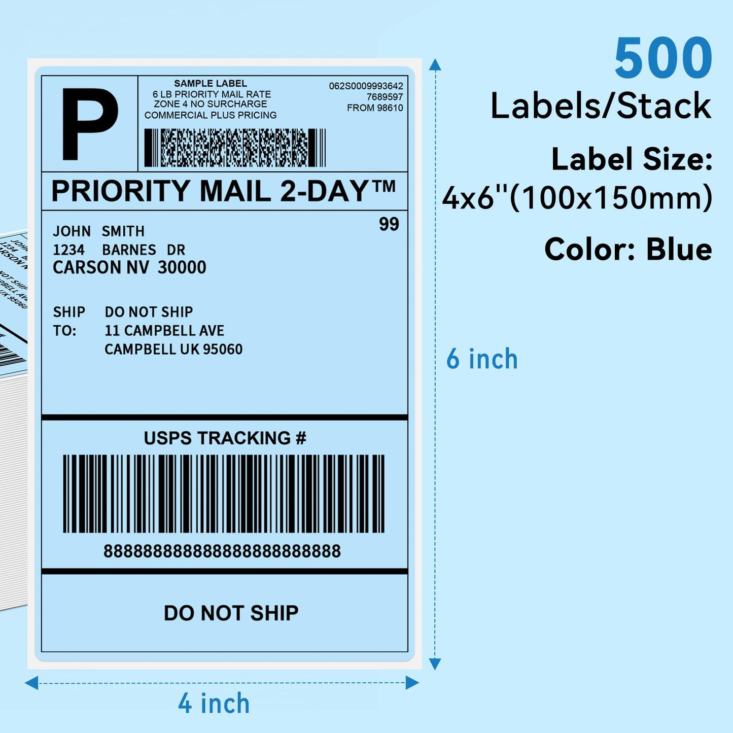 Phomemo 4x6‘' 500 Étiquettes/pile, Bleu Étiquettes d'expédition Compatibles avec les imprimantes d'étiquettes MUNBYN, Phomemo, Étiquettes thermiques sans BPA Autocollantes pour-100 x 150mm