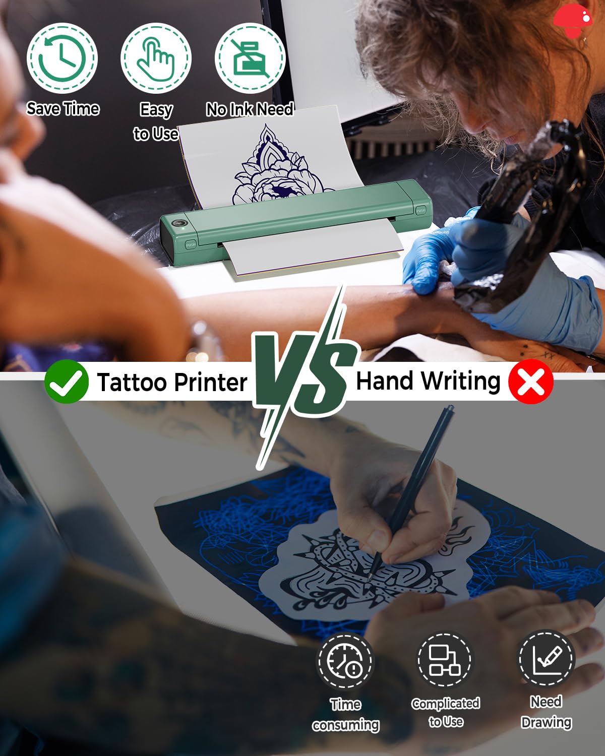 Phomemo Bluetooth Tattoo Stencil Printer, Inkless Tattoo Printer Machine with 10 Pcs Tattoo Transfer Paper & 1 Storage Case, Compatible for Phone, Tablet £¦ PC, Gift for Tattoo Artisits, Frost Green