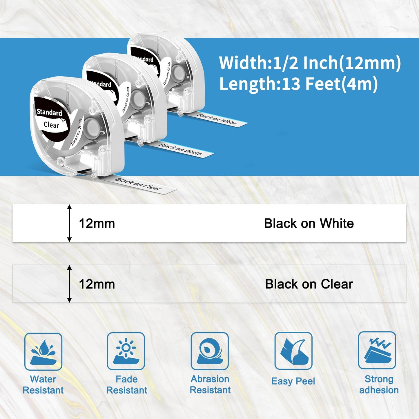 Lot de 10 rubans d'étiquettes Phomemo P12 - 12 mm x 4 m - Noir sur blanc - Noir sur transparent - Pour étiqueteuse Phomemo P12