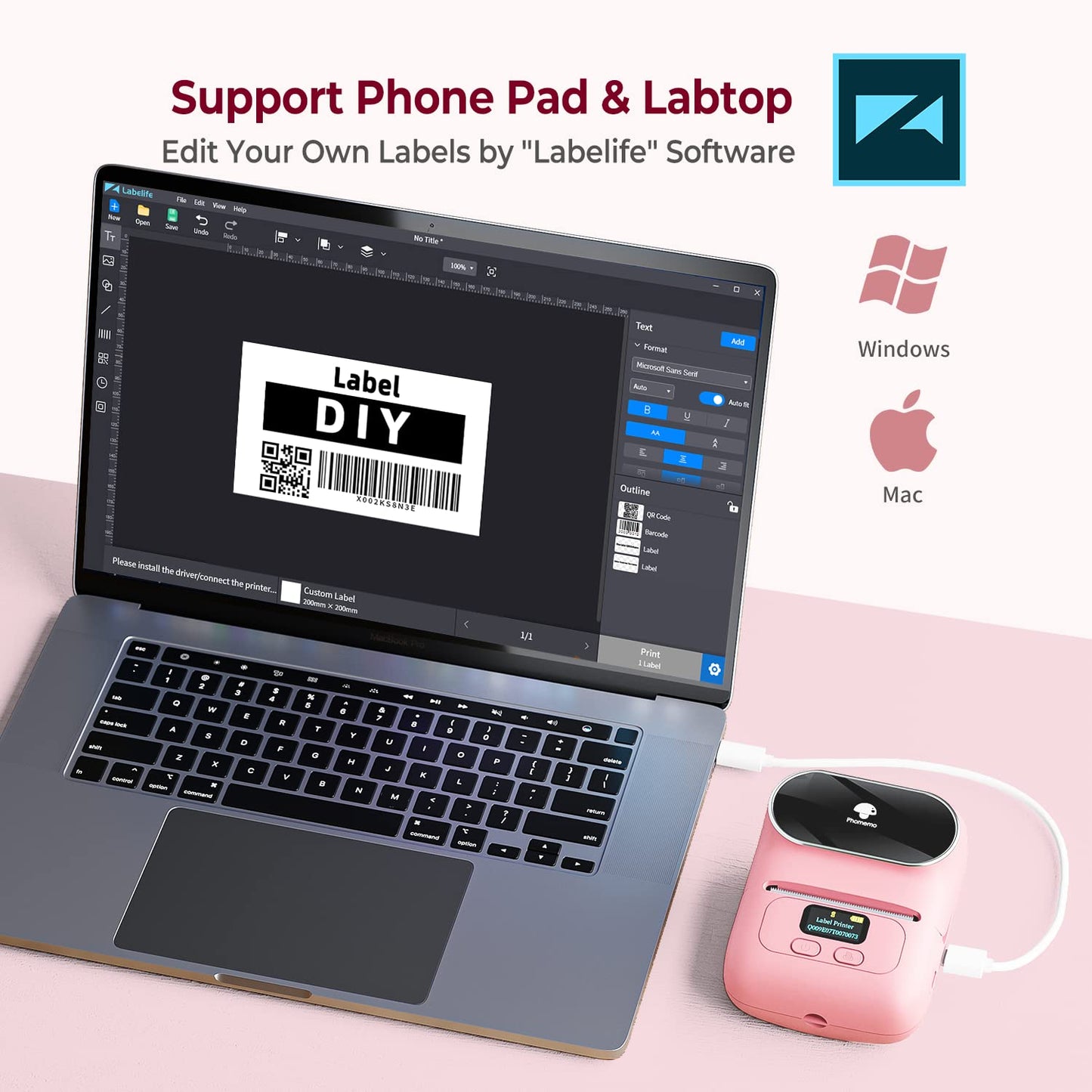 Phomemo -M110 Label Printer Portable Mini Bluetooth Thermal Label Manufacturer for Labelling, Office, Cable, Retail, Barcode and More, Compatible with Android and iOS Systems, Pink