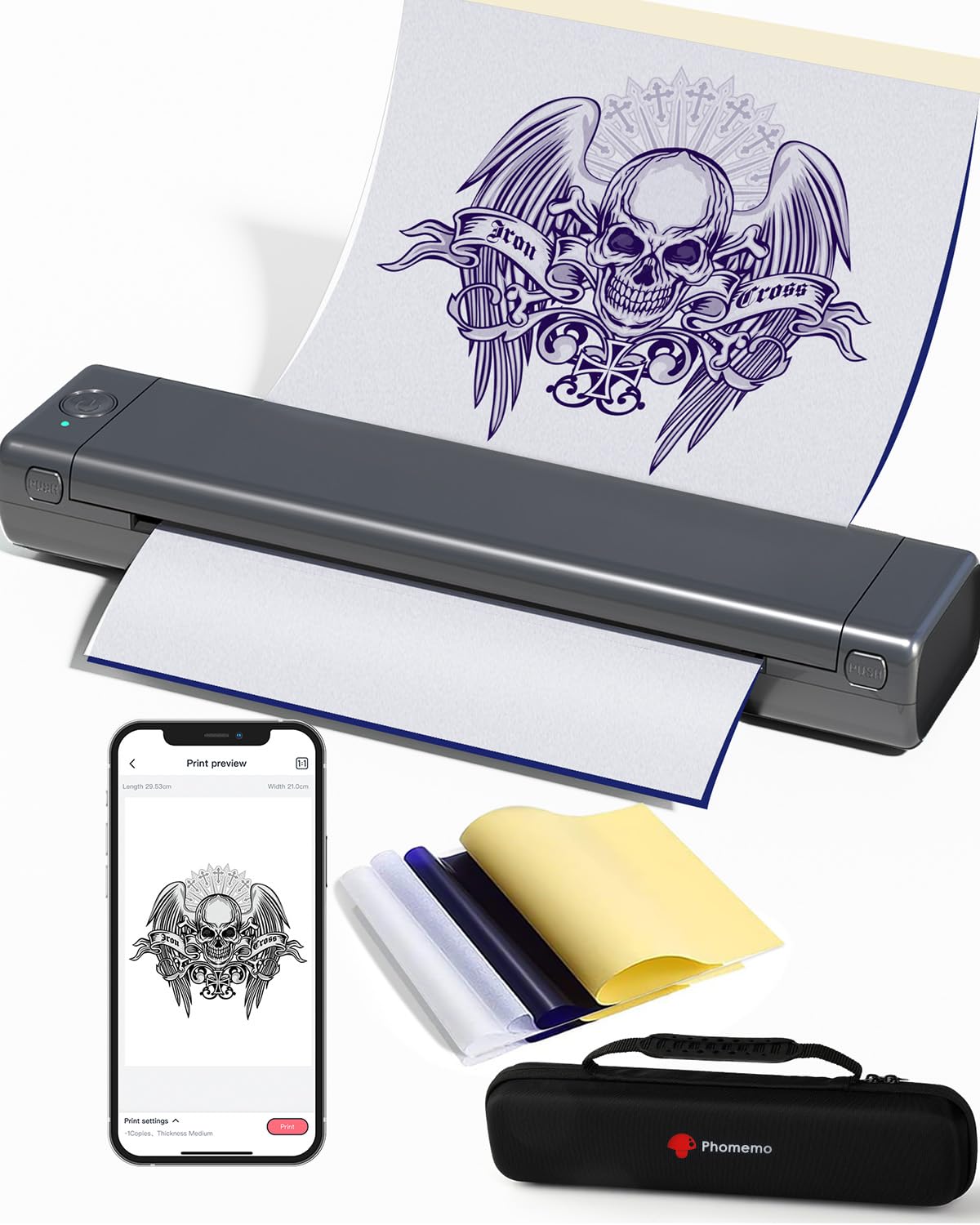 Phomemo Bluetooth Tattoo Stencil Printer, Thermal Tattoo Transfer Machine for Tattoo Artists, Compatible with Phone & PC, with Storage Case & 10Pcs Free Tattoo Transfer Paper, Grey