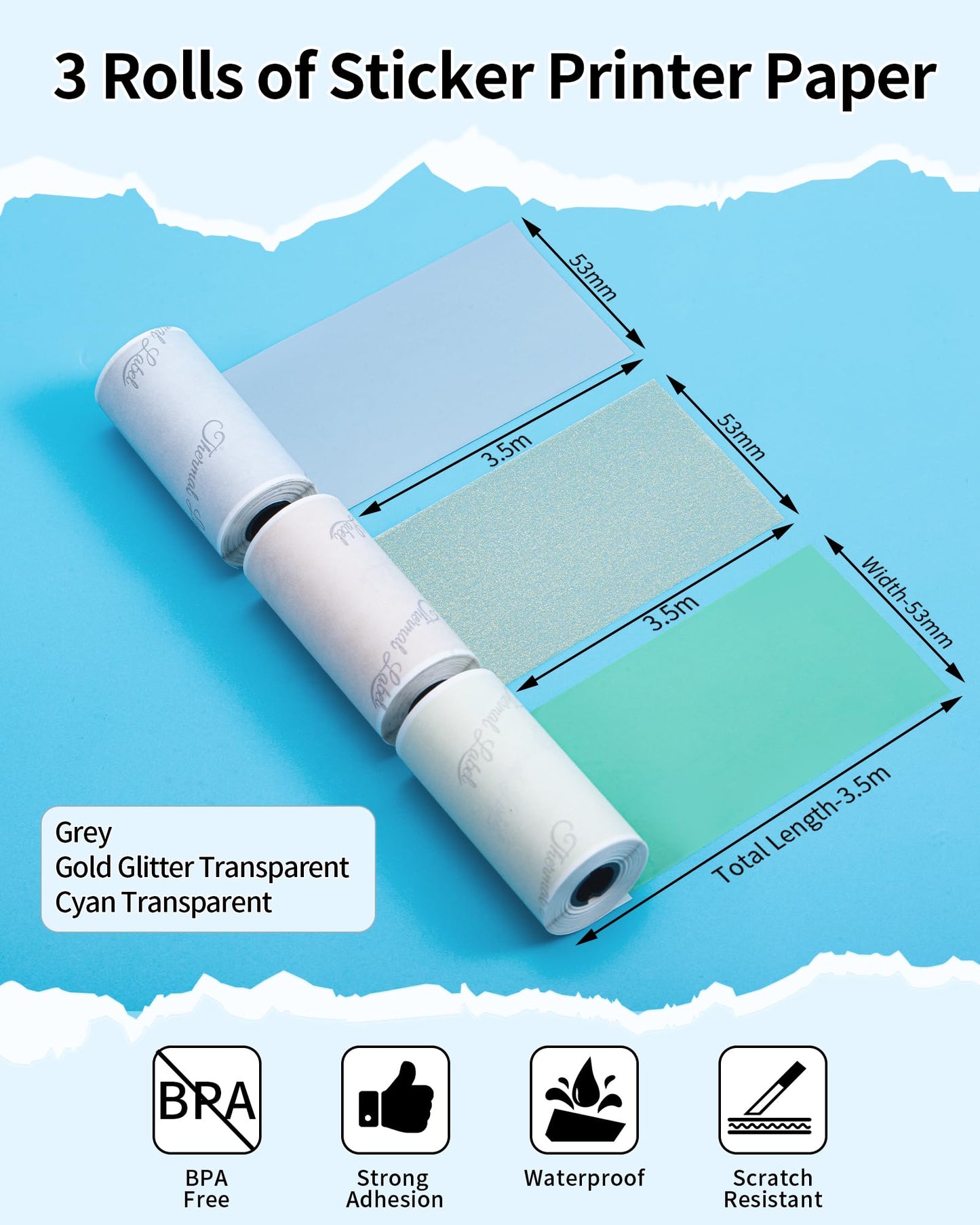 Phomemo Papier für Phomemo T02,M02,M02S,M02PRO,M03,M03AS,M04S,M04AS Minidrucker, Metallgrau Durchscheinend/Gelb Transparent/Gold Glitter Transparentes Papier, 53mm x 3,5mm, 3 Rollen