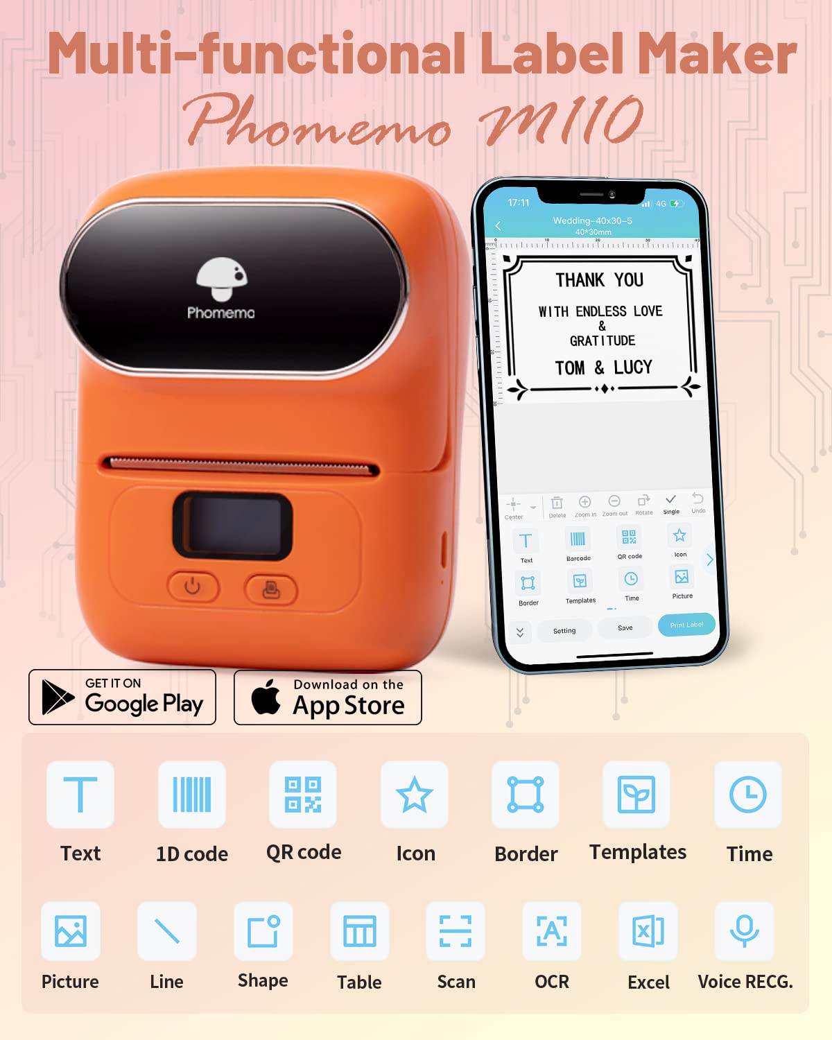 Phomemo - M110 Label Printer - Wireless Bluetooth Thermal Label Machine for Clothing, Jewelry, Retail, Home, Portable Barcode Labeling Machine Compatible with Android and iOS Phone, Orange