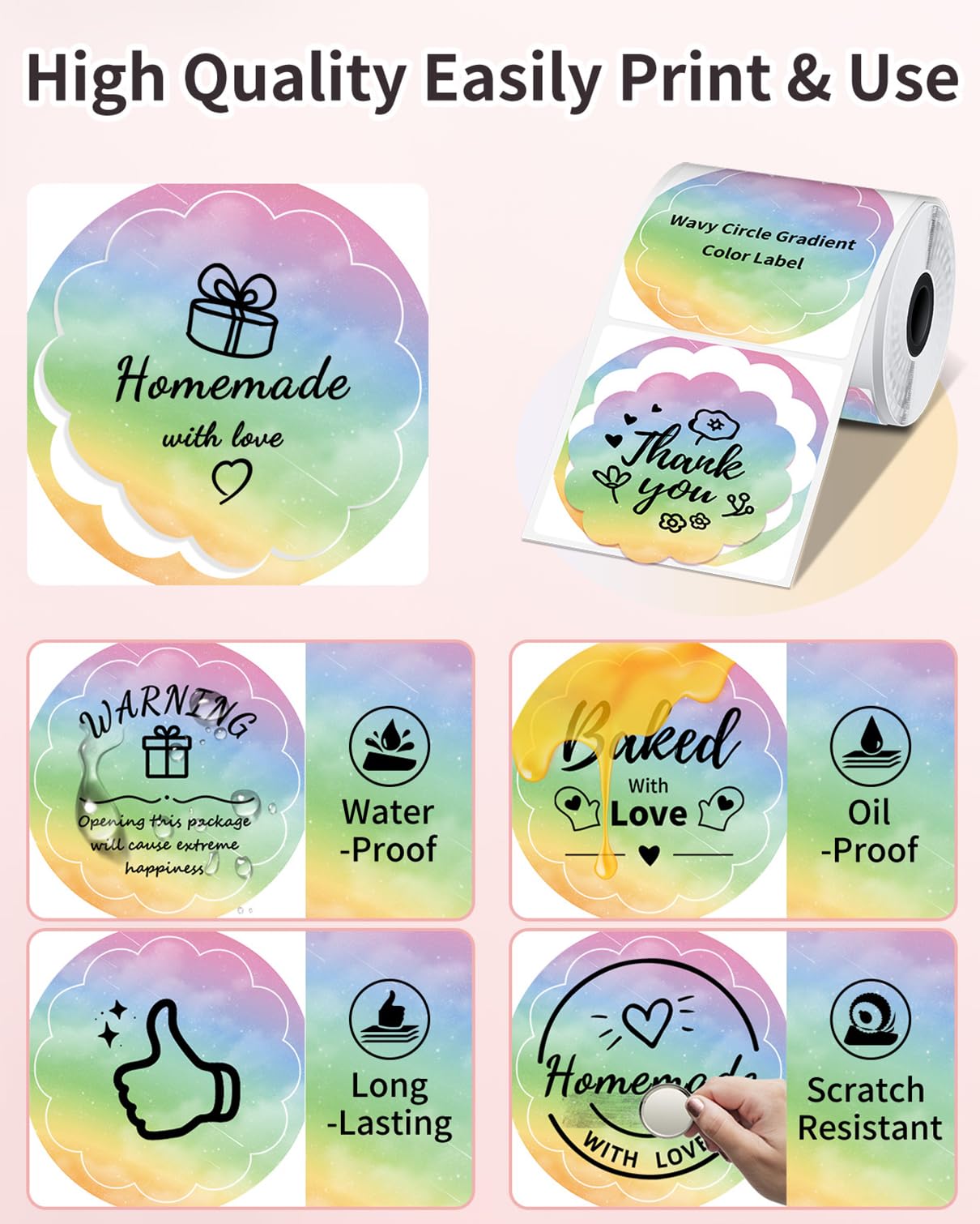 Phomemo Circle Label Wavy Thermal Round Gradient Rainbow Sticker Label Compatible with M110/M110S/M120/M200/M220, 1.96'' x 1.96''(50x50 mm), Purple